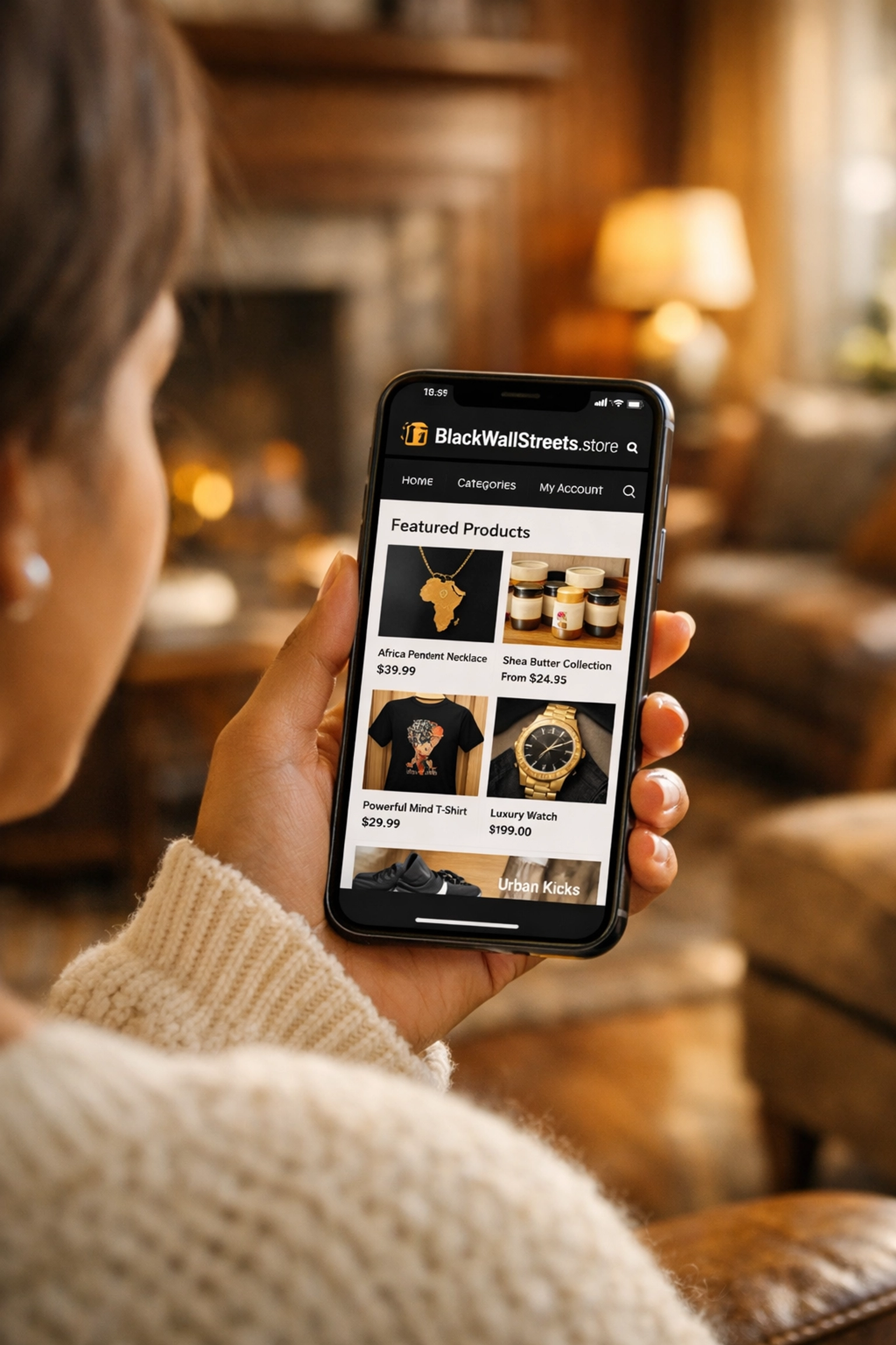 Looking for Black-Owned Brands? Here Are 10 Buyblack Finds Inspired by Sonny’s Black People of Interest Shopping for Black-owned brands on a smartphone via the Black Wall Streets marketplace in a modern home.
