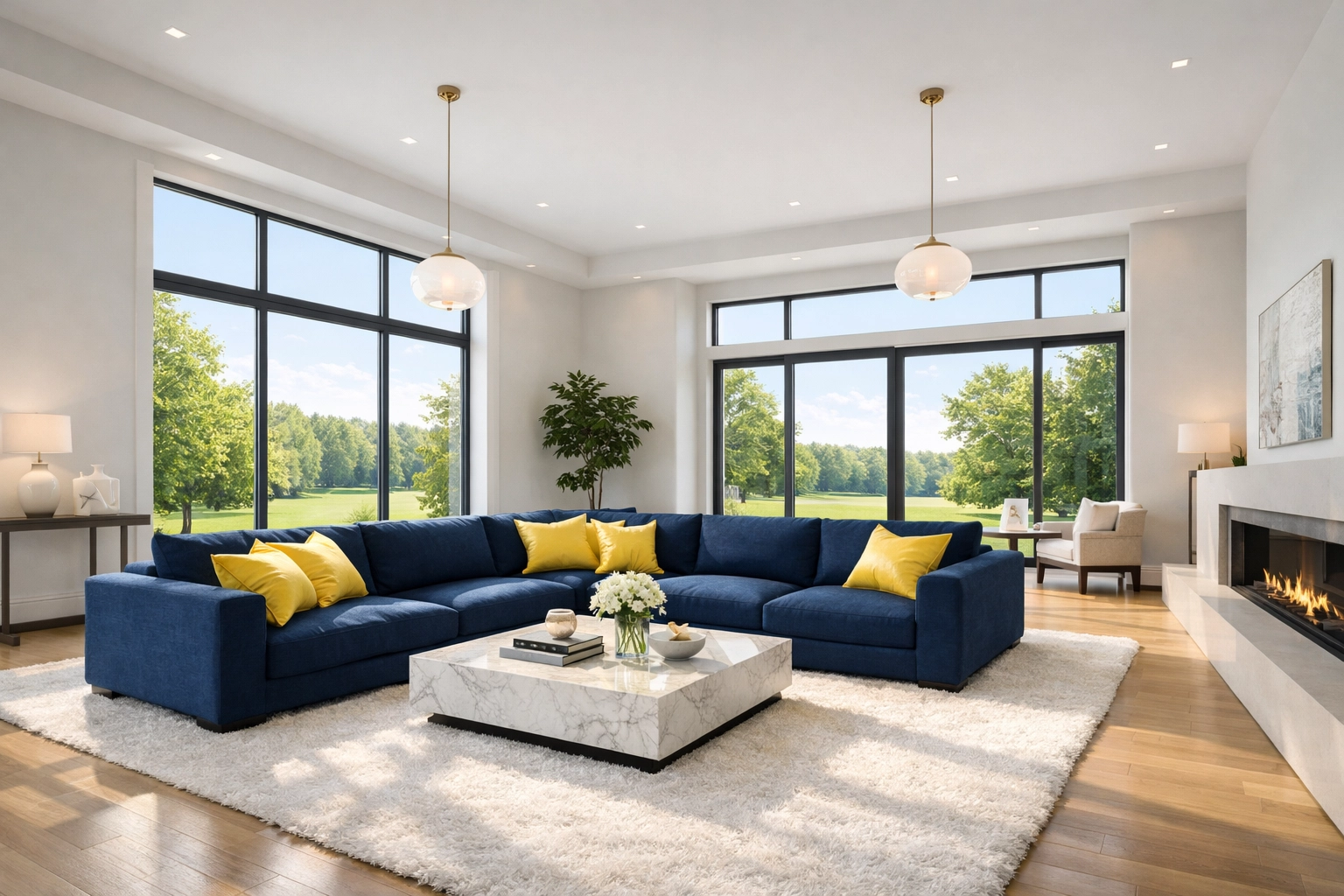 Sun-drenched luxury living room in a Massachusetts estate kept pristine with regular residential cleaning Massachusetts.
