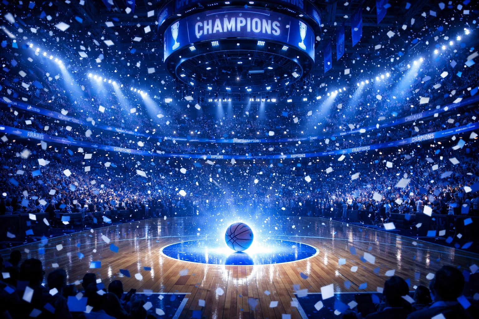 Blue-lit basketball arena celebrating a Duke Blue Devils March Madness national championship.