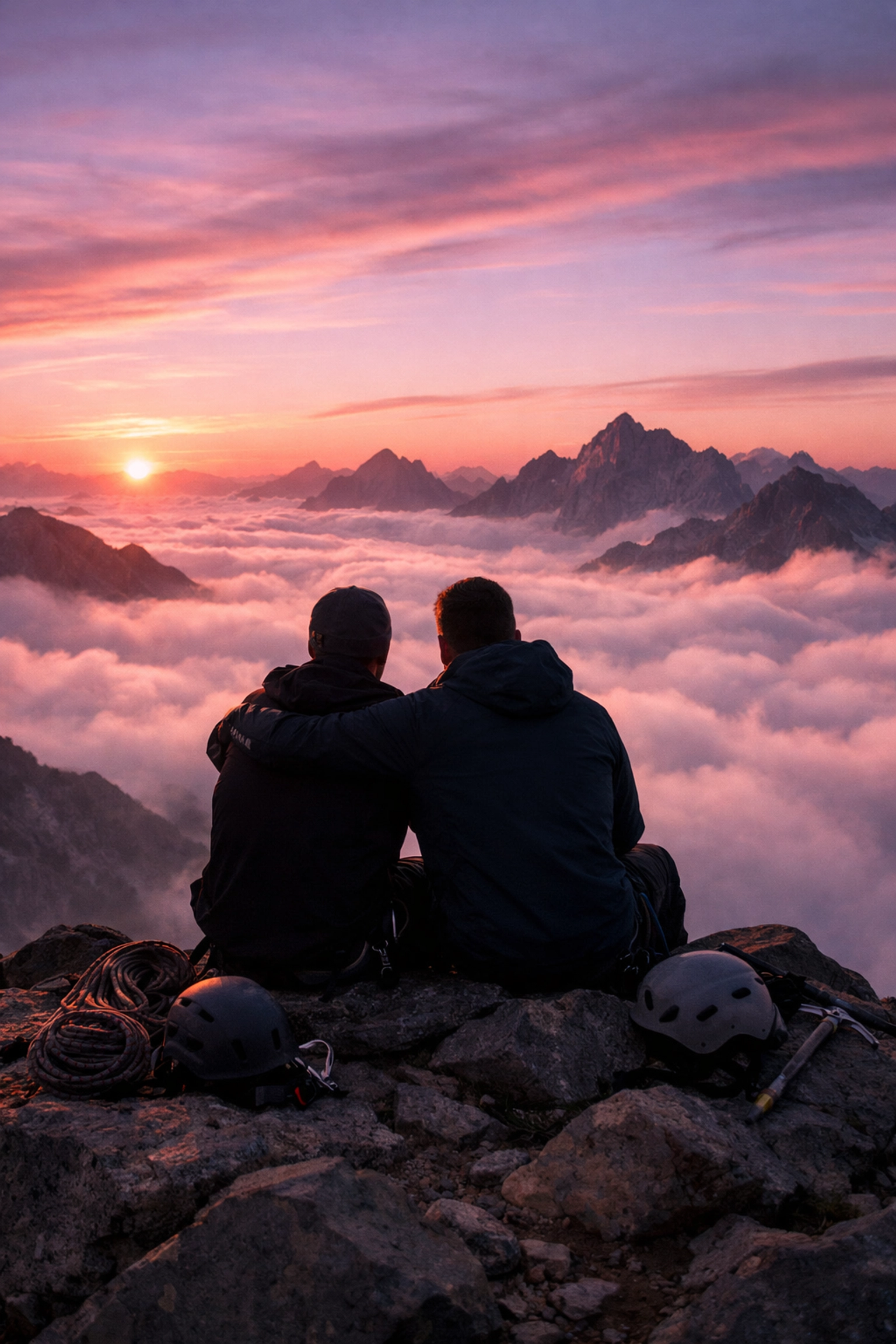 Gay mountaineers enjoying summit sunrise view celebrating achievement in outdoor adventure