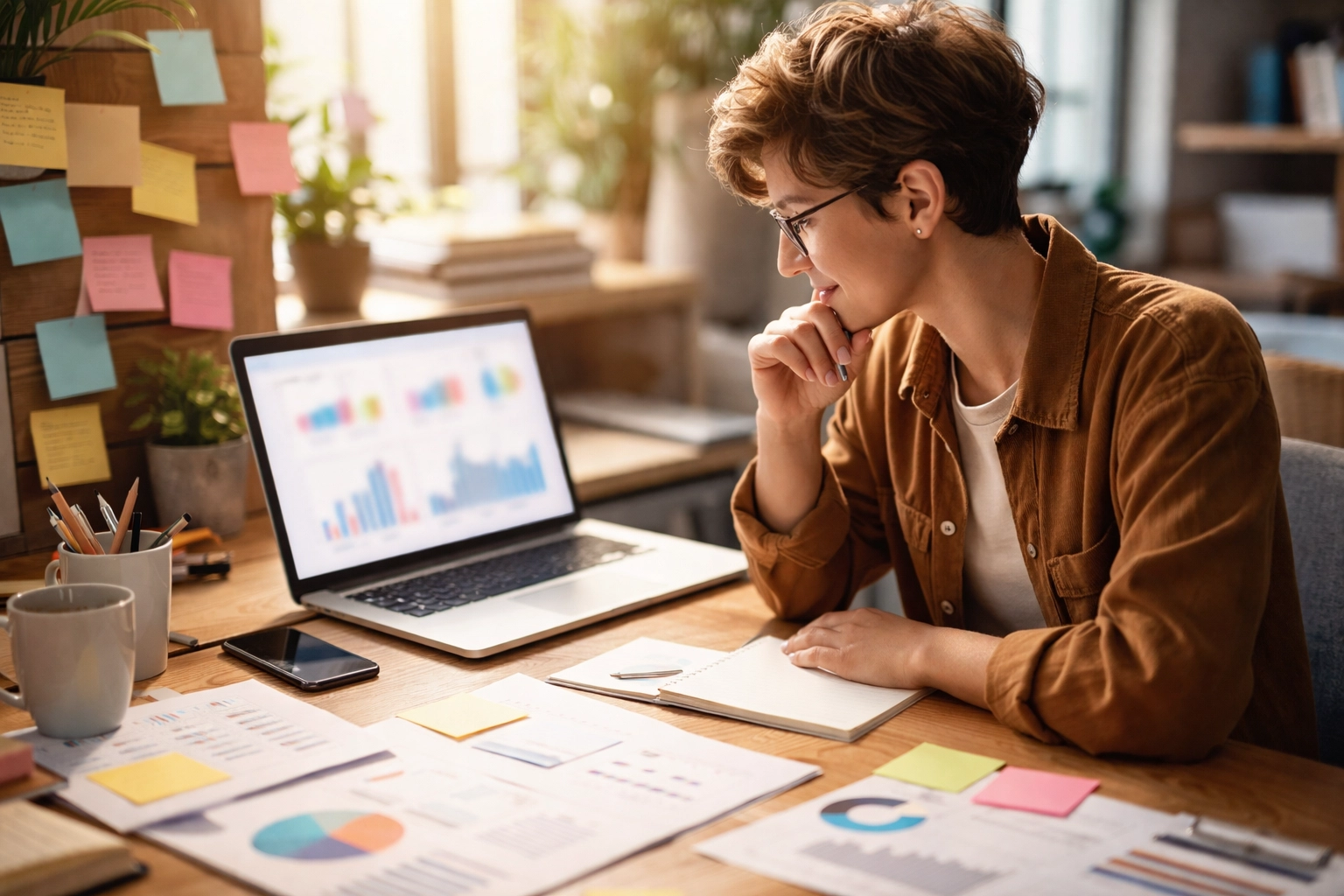 Small business owner at the center of digital marketing icons, demonstrating holistic SEO and local marketing success.