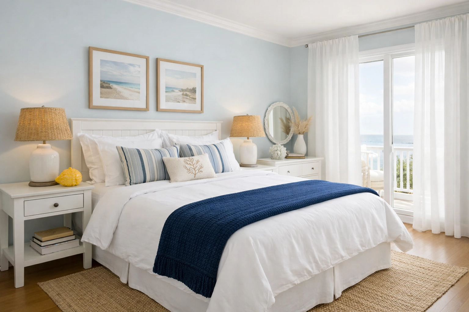 A clean Hingham master bedroom sanctuary with crisp white linens and serene coastal decor.
