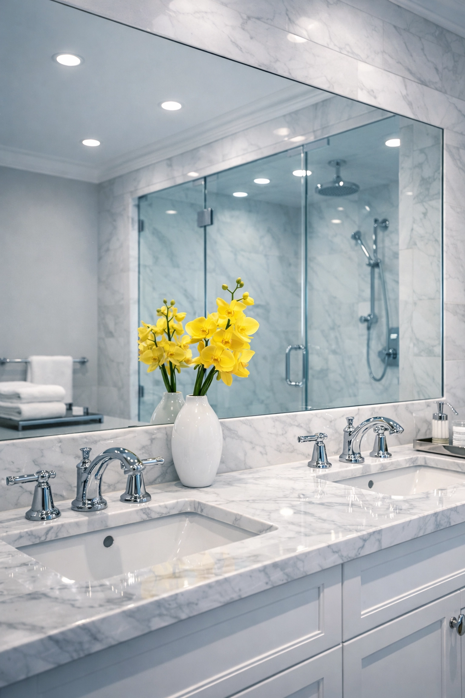 Professional bathroom cleaning showing a streak-free glass shower and marble vanity in a pristine master suite.
