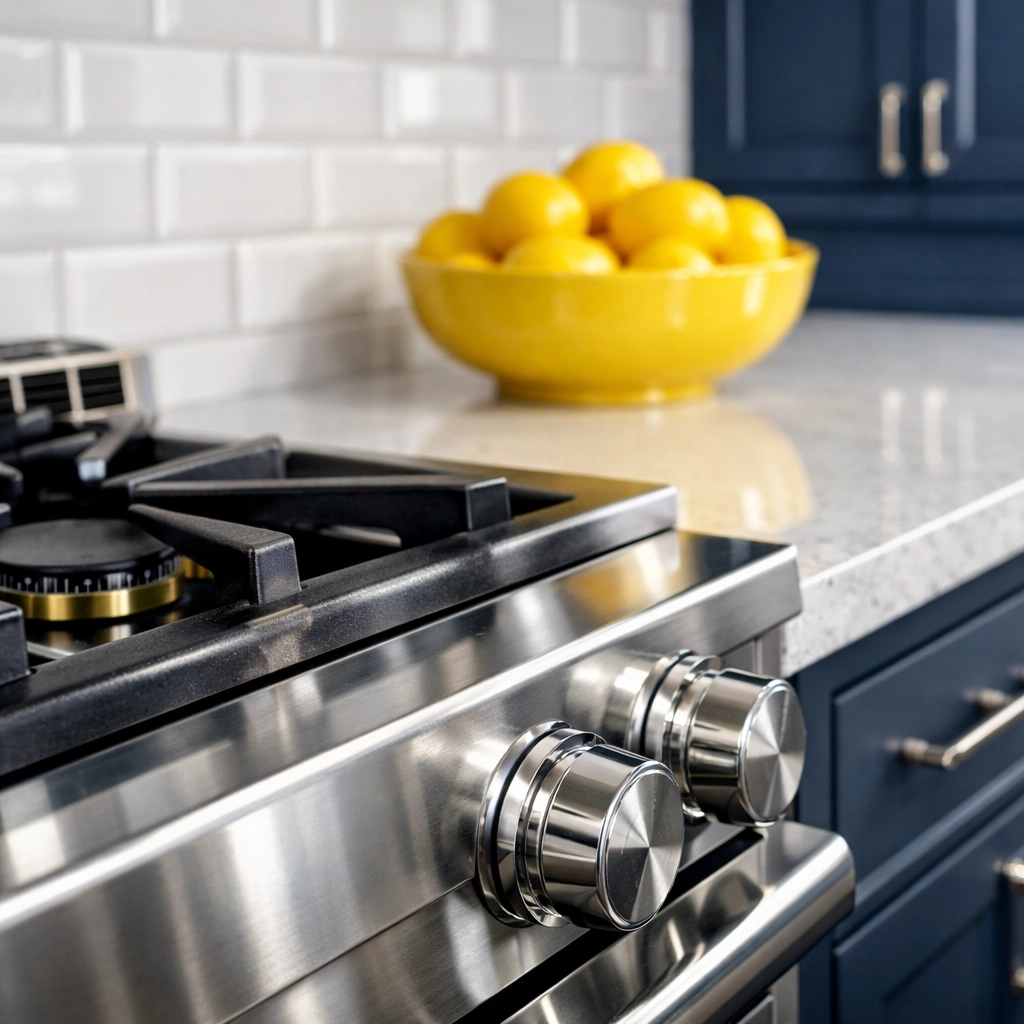 Spotless stainless steel stove and quartz countertops after a deep professional kitchen cleaning.