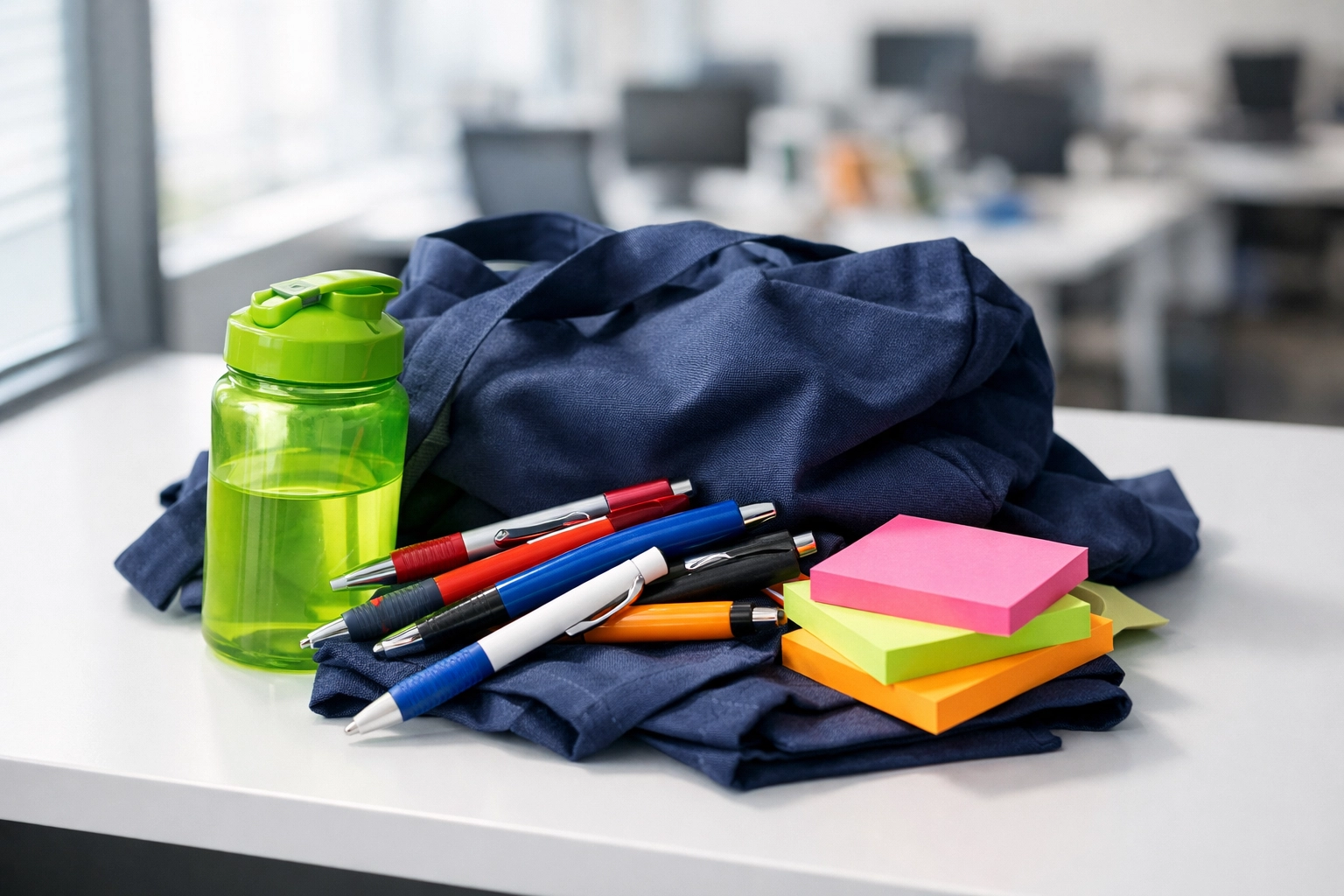 Cluttered office desk with mismatched promotional items showing the friction of decentralized swag ordering.