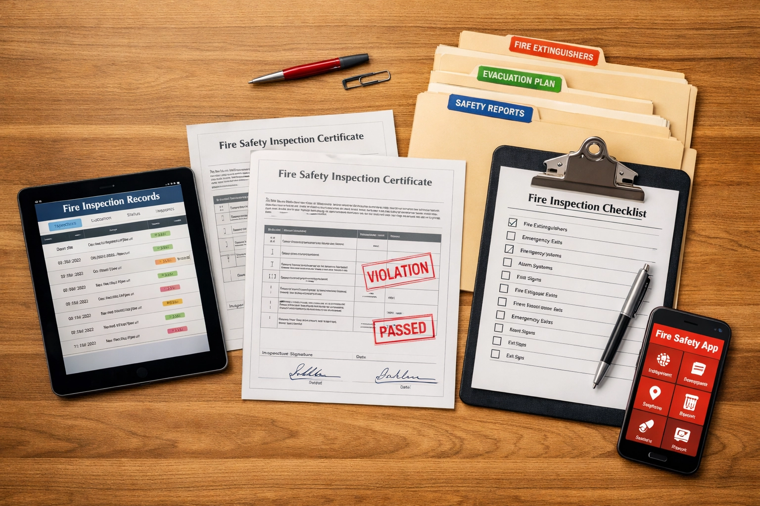 Organized fire safety documentation including inspection certificates and digital records on desk
