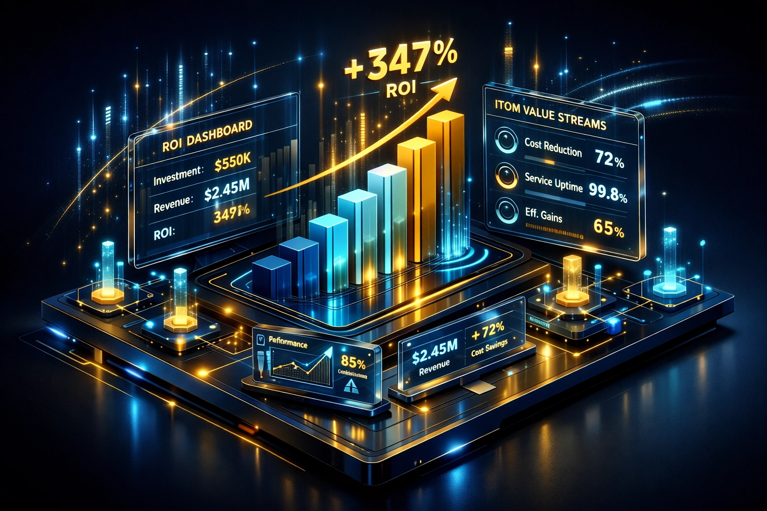 ServiceNow ITOM ROI dashboard showing 347% return on investment with value stream metrics