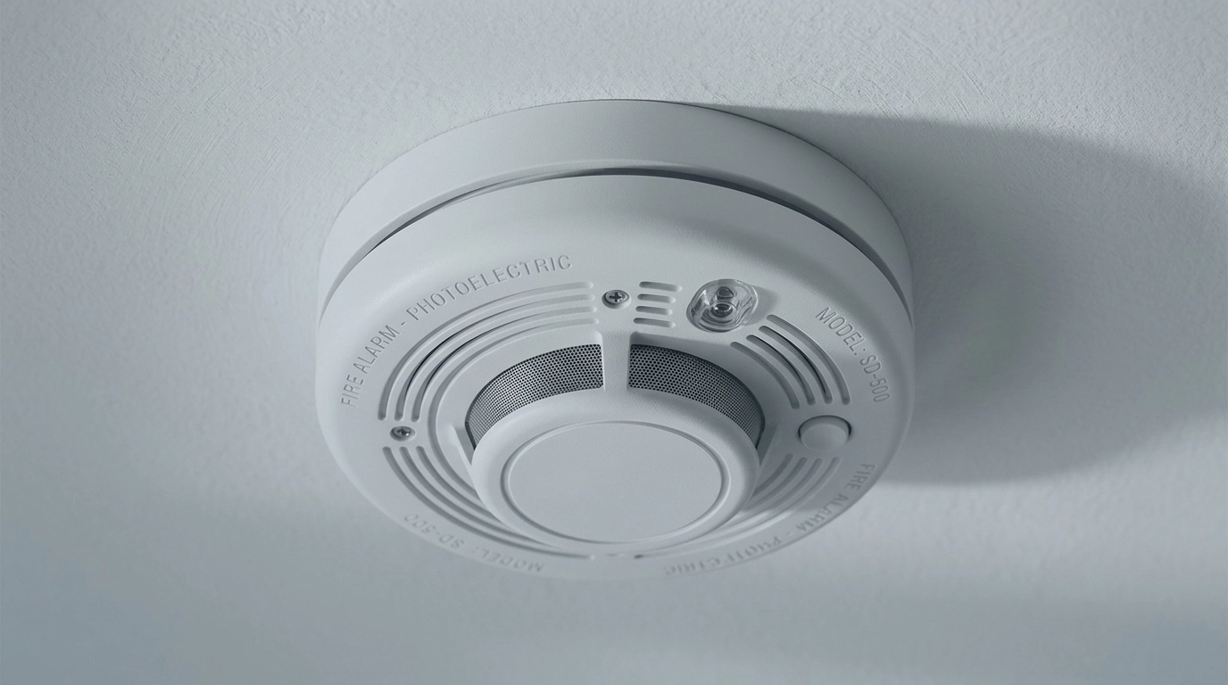 Modern smoke detector mounted on a clean ceiling in a blue-tinted grayscale style