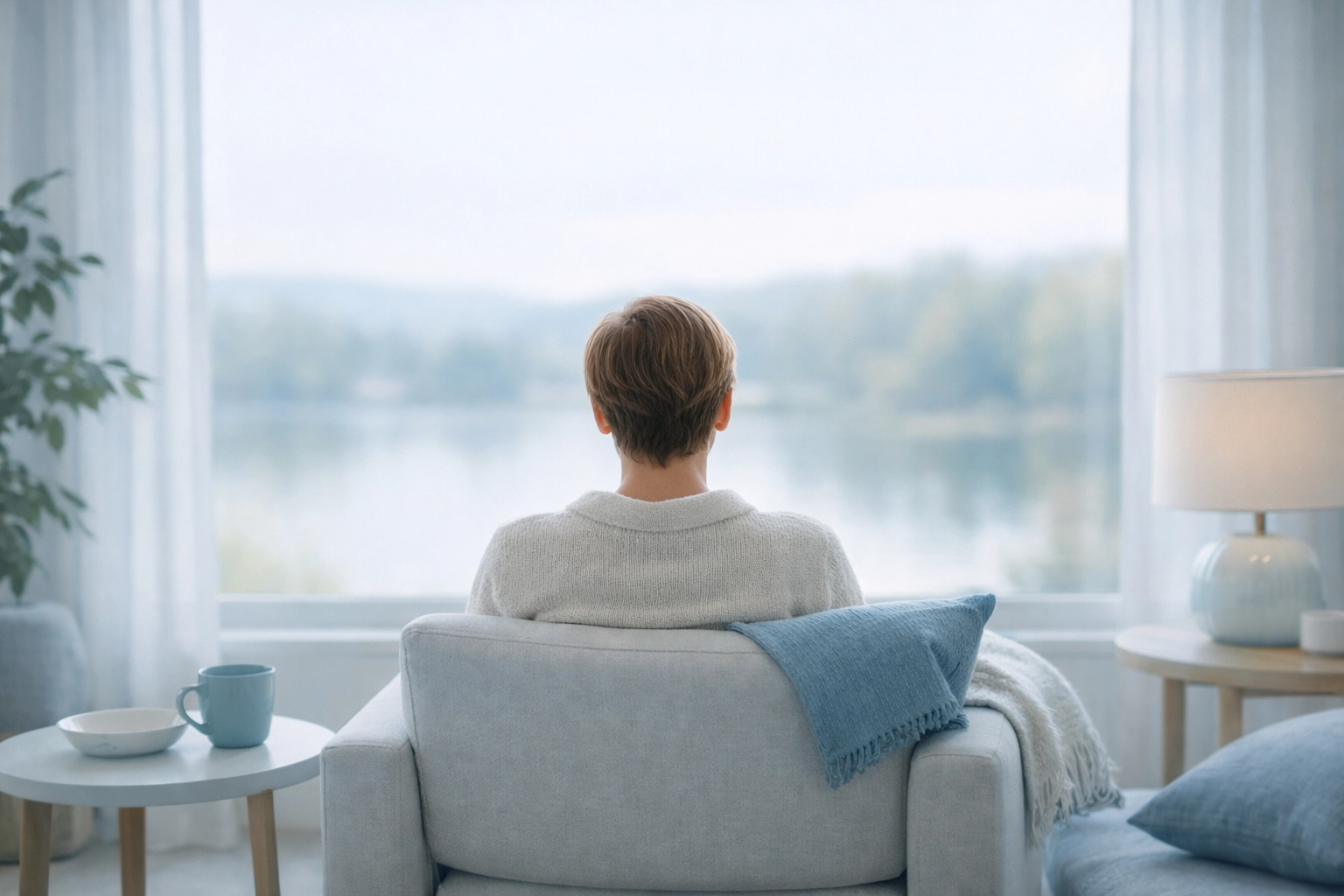 A relaxed person looking out a window, reflecting an expanded Window of Tolerance and emotional calm.