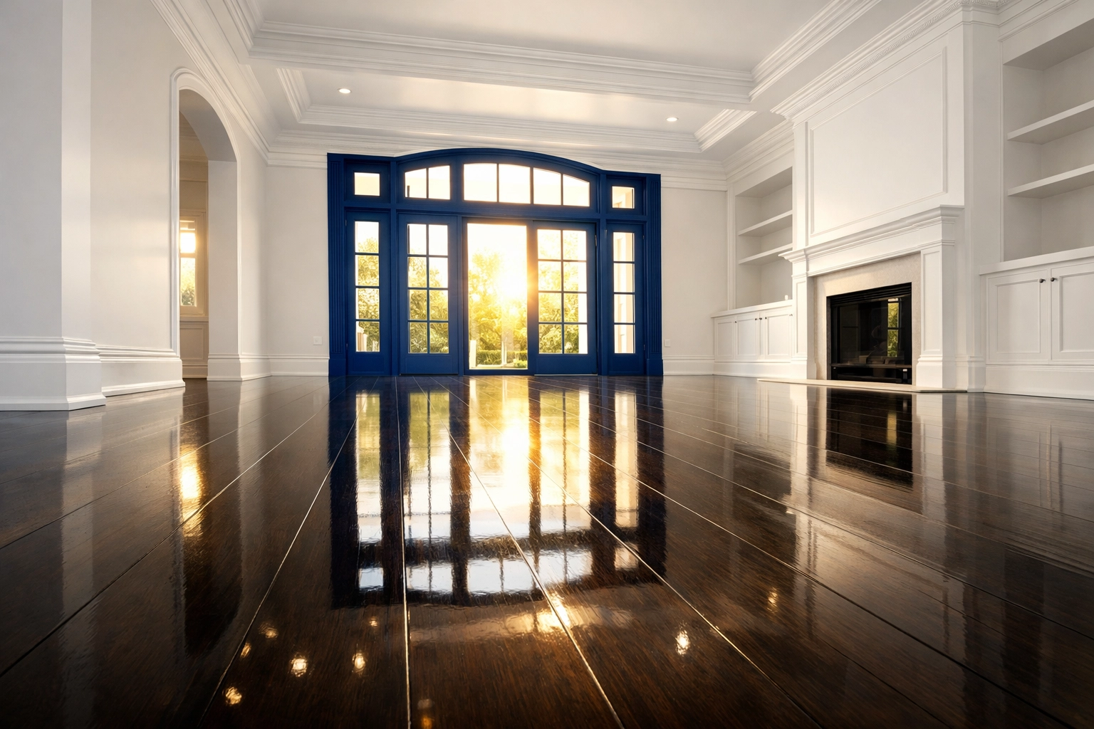 Expert move-out cleaning Worcester results in a luxury living room with polished floors and clean baseboards.