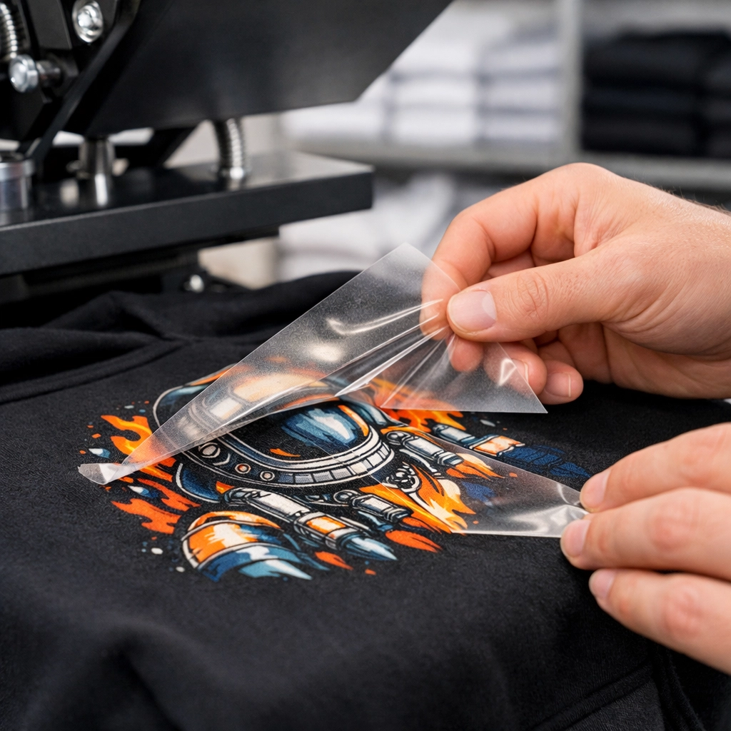Professional heat press being used to apply custom gang sheet transfers to a black cotton hoodie.