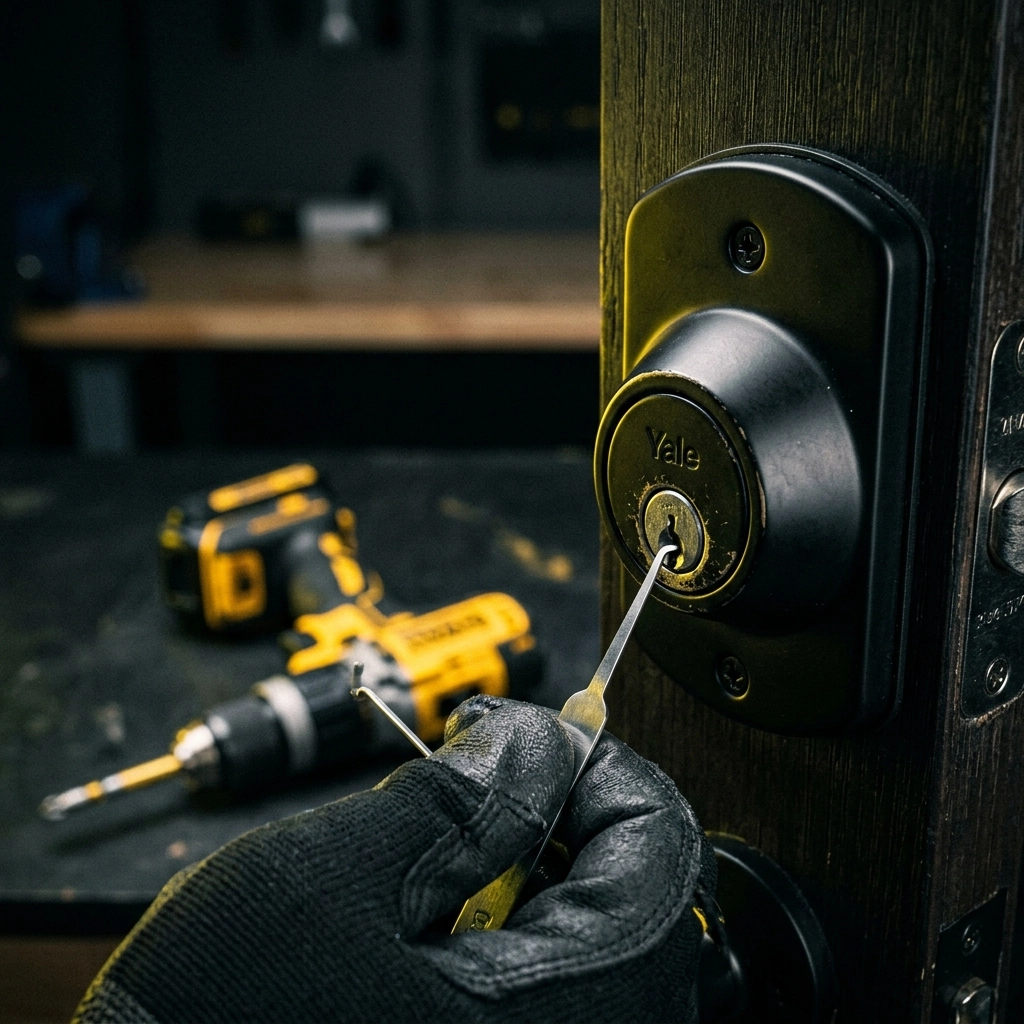 Indianapolis locksmith using precision picking tools on a deadbolt to provide non-destructive entry service.