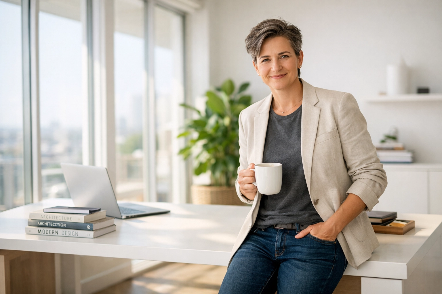 Successful entrepreneur in a sun-lit office considering a self employed mortgage through alternative documentation.
