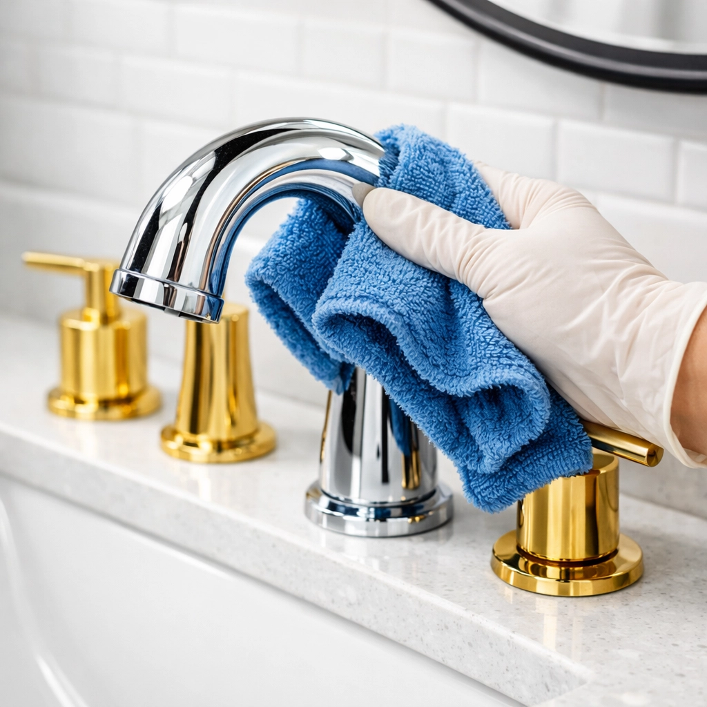 Detailed post construction cleaning of a modern bathroom vanity and gold faucet in a luxury Massachusetts home.