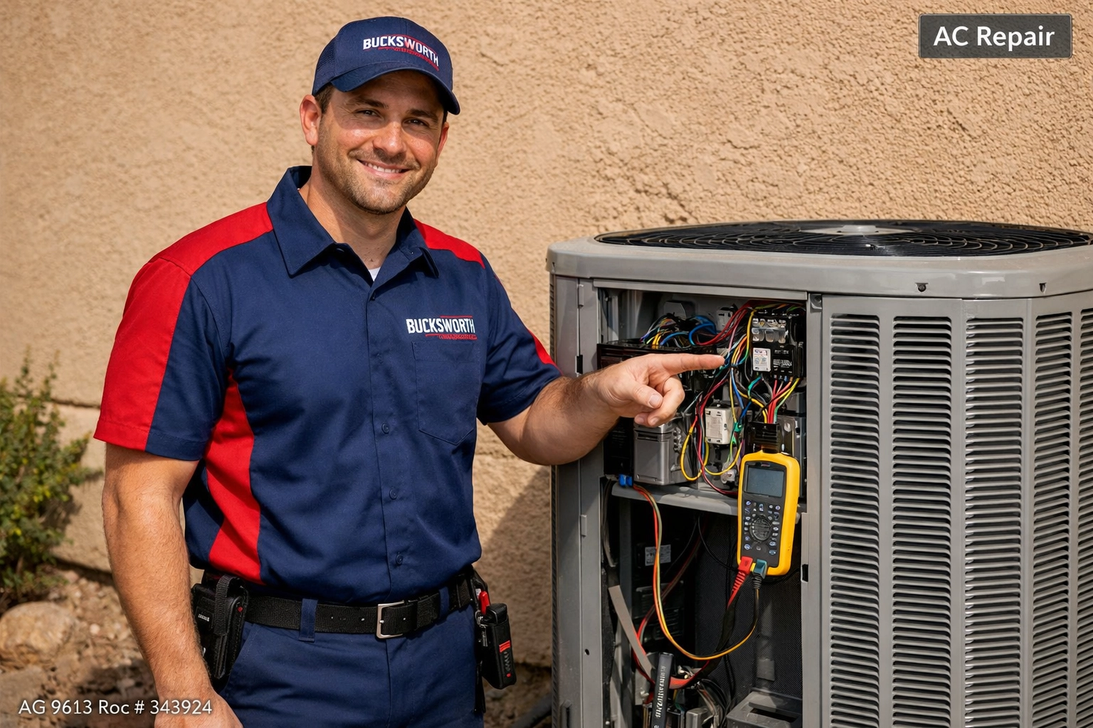 Bucksworth technician explaining AC repair at an Eagle Ridge home in Fountain Hills, AZ.