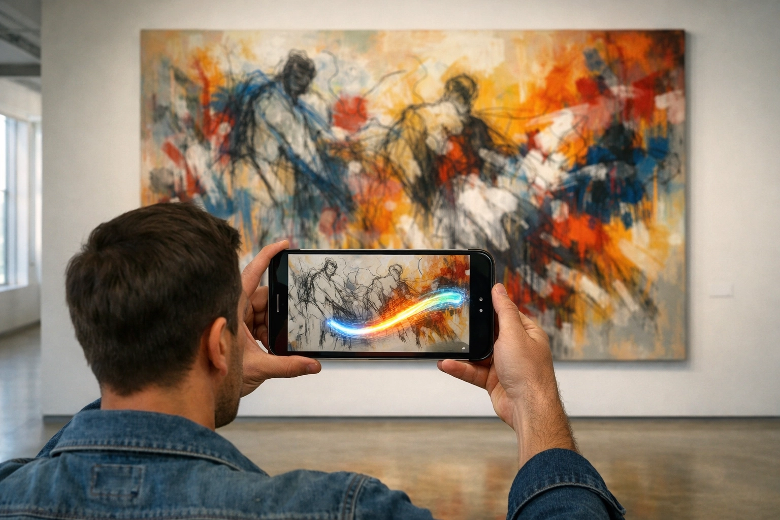 Gallery visitor viewing a digital augmented reality layer over a physical abstract painting using a smartphone.