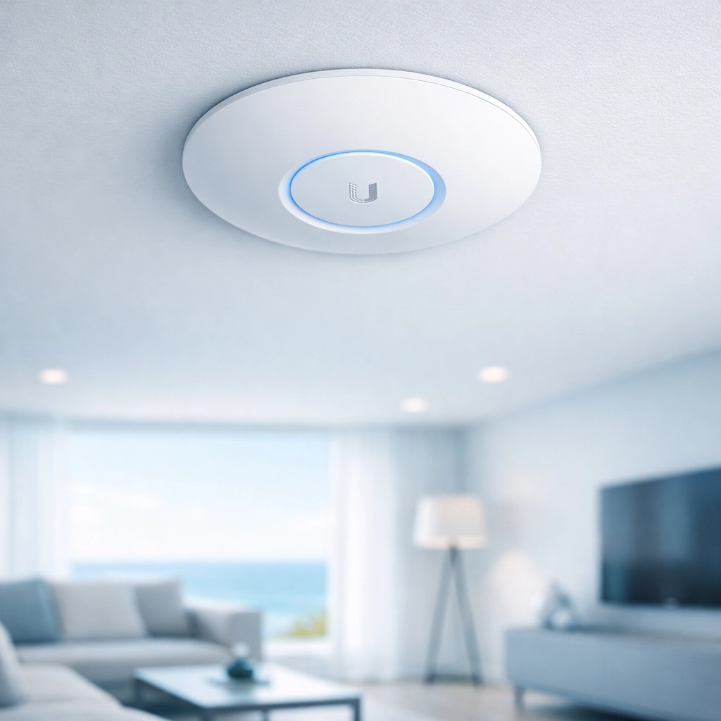 Sleek Ubiquiti UniFi access point mounted on a ceiling to provide seamless WiFi coverage throughout a home.