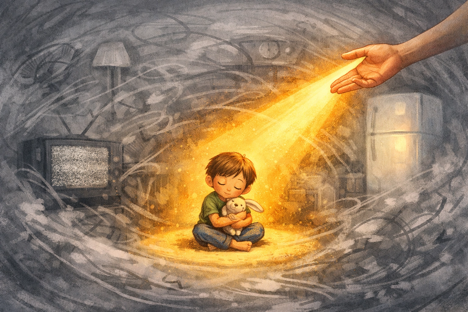 Child surrounded by sensory noise receiving a clear signal for improved frustration tolerance skills.