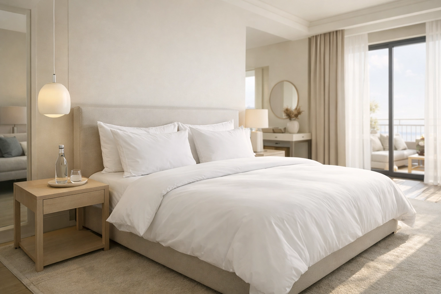 Pristine boutique hotel room ready for guests after cleaning via automated housekeeping software.