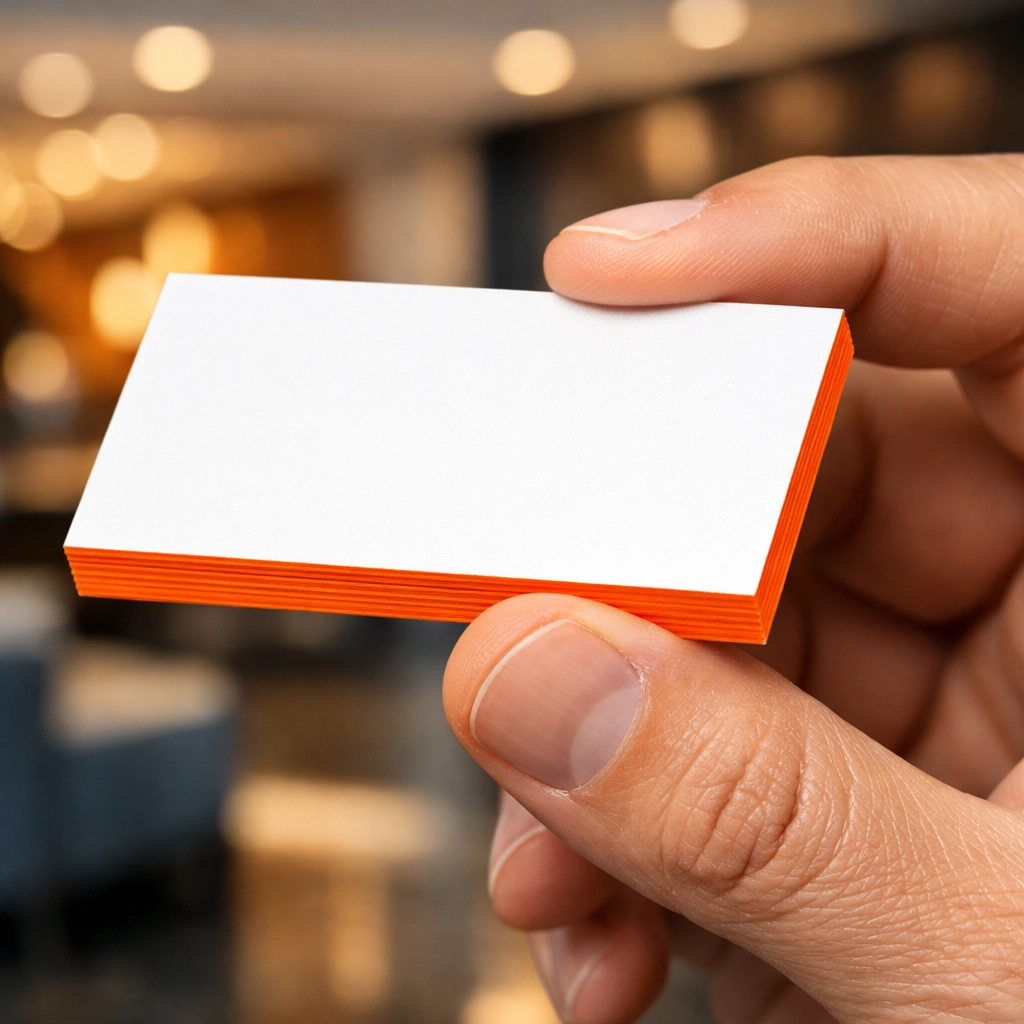 A professional holding a premium, thick business card with custom painted edges for networking.