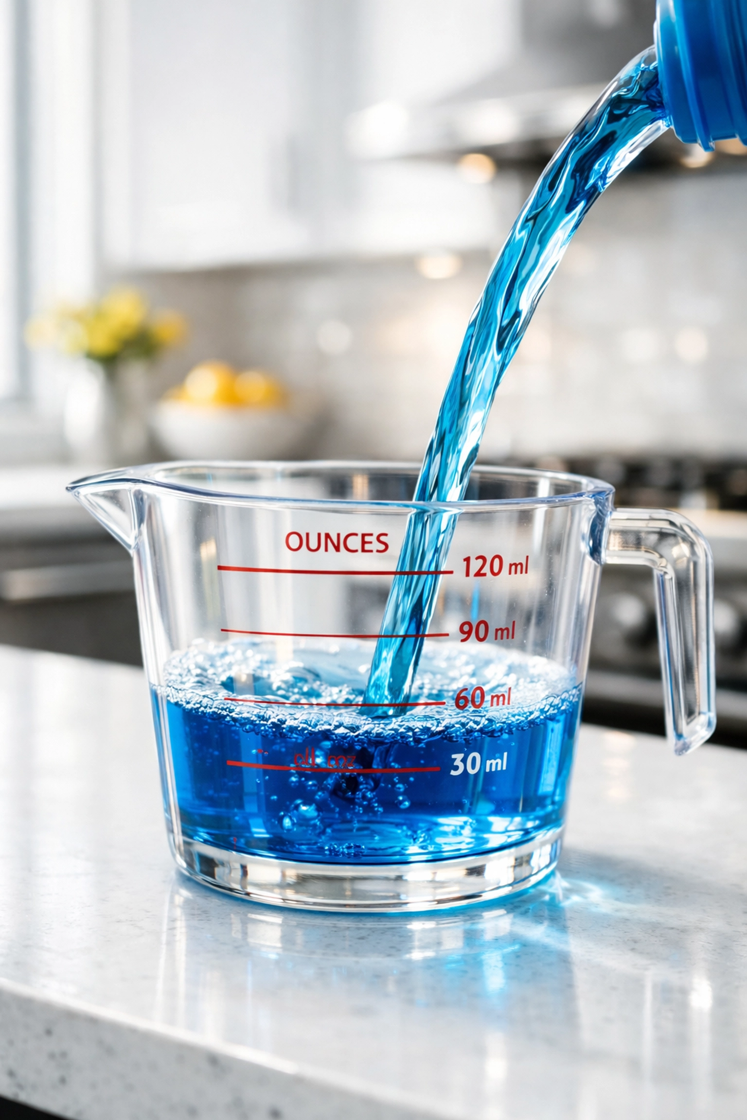 Measuring professional cleaning solutions in a luxury Lowell kitchen to prevent floor residue.