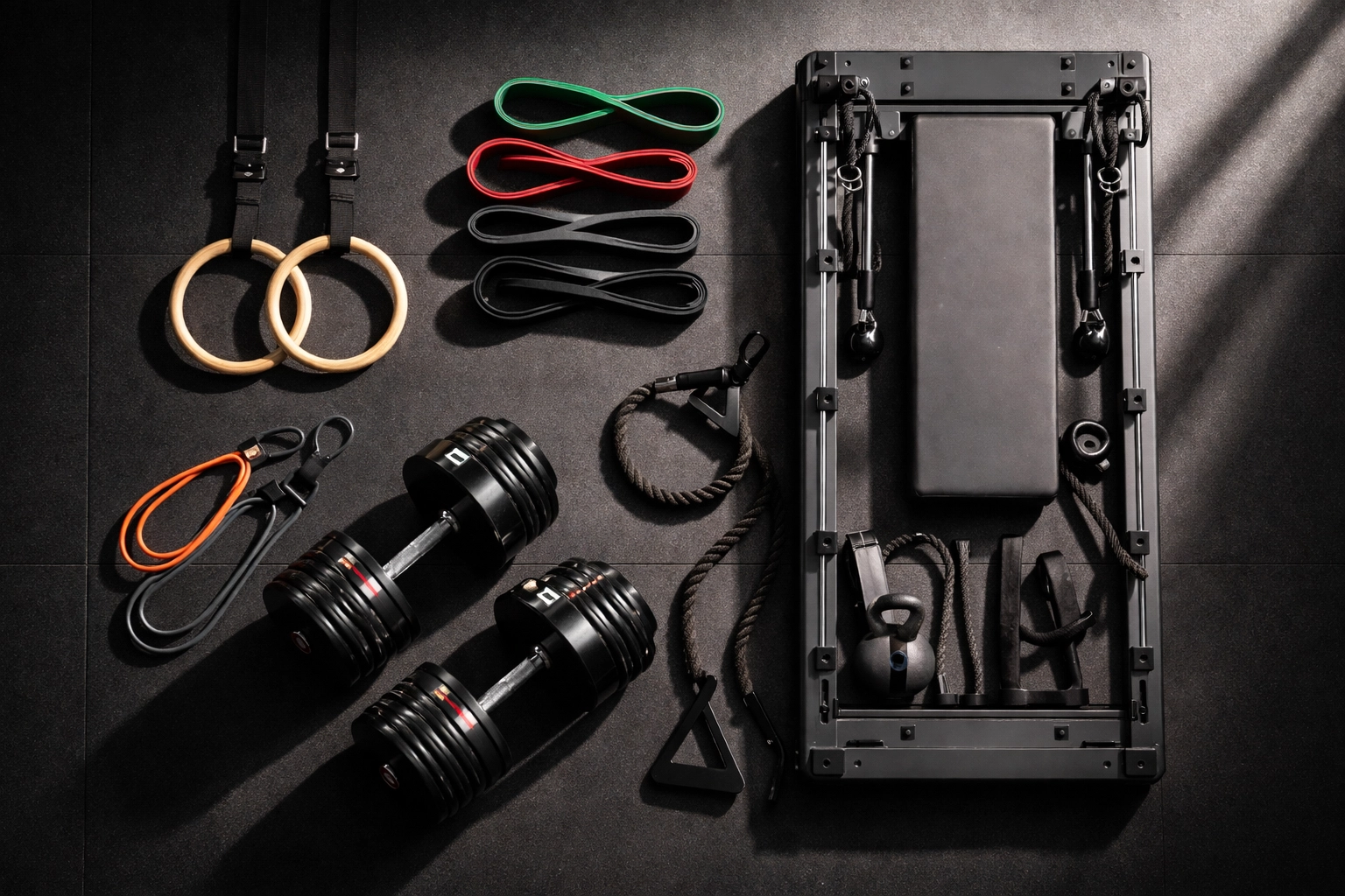 Flat-lay view of minimalist home gym with resistance bands, Olympic rings, and dumbbells, highlighting multi-use equipment for calisthenics and bodyweight training.