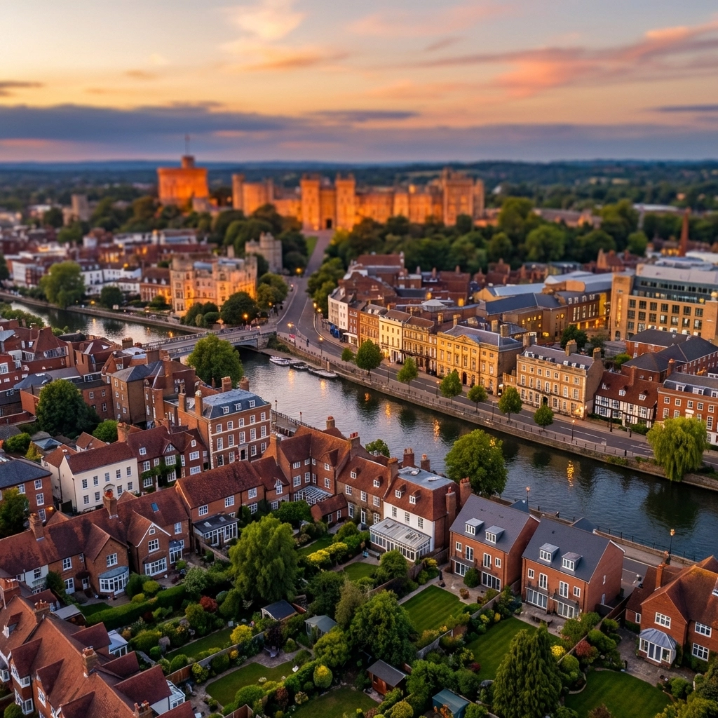 Aerial view of Windsor homes at sunset highlighting remortgage expertise in the local area