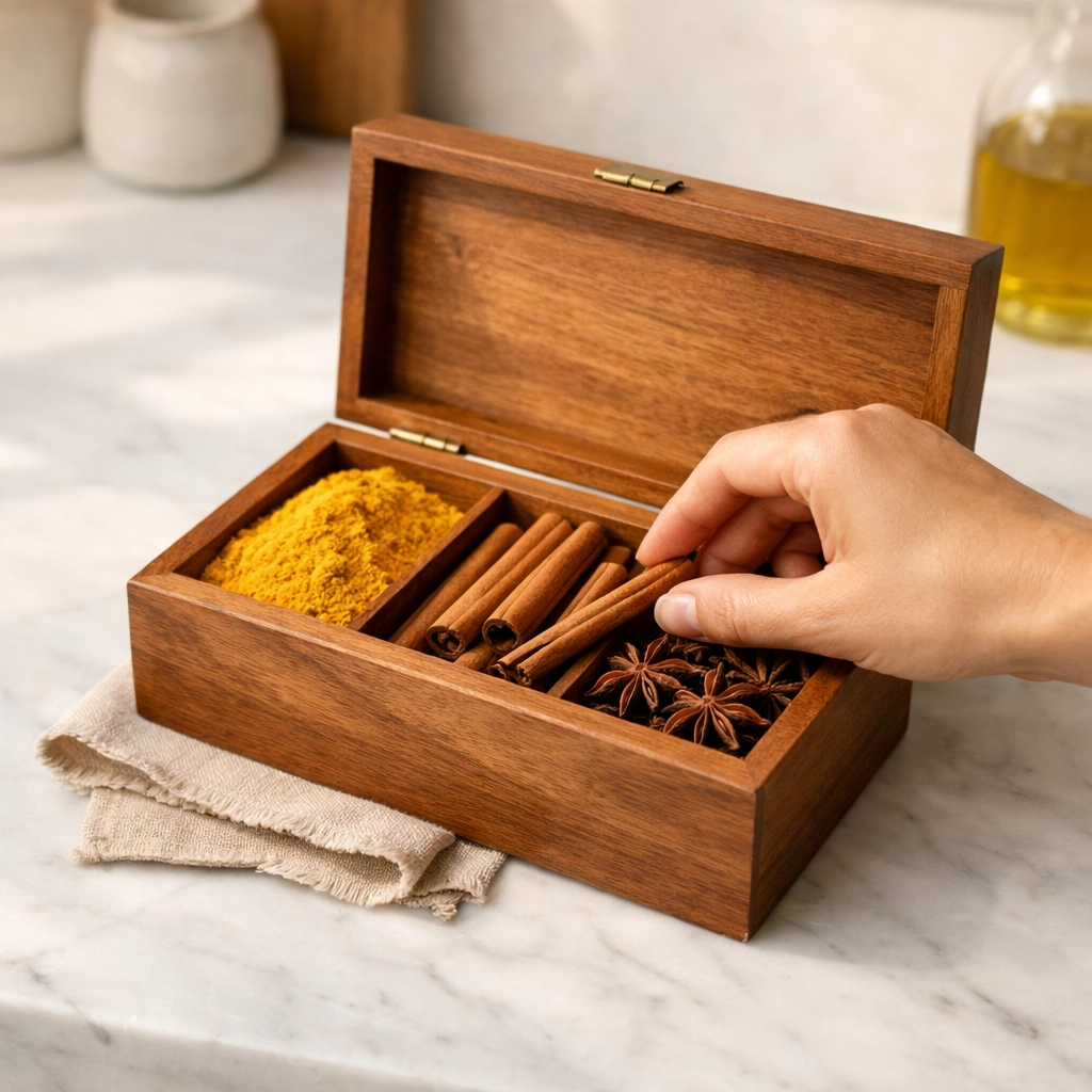 Handcrafted wooden spice gift box featuring vibrant turmeric and whole Kerala spices.
