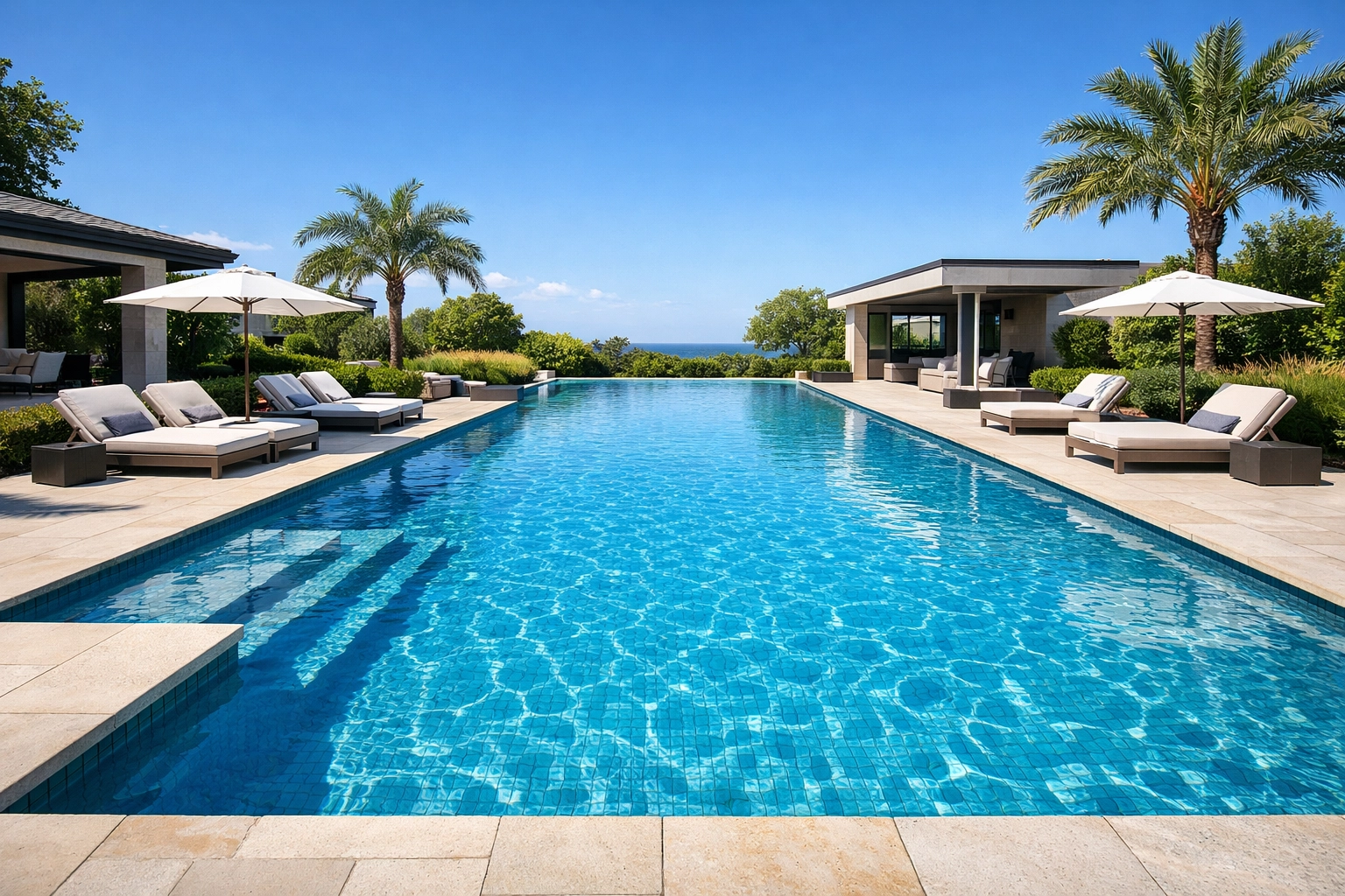 Beautifully maintained luxury saltwater pool with crystal clear water, ready for the 2026 swimming season.