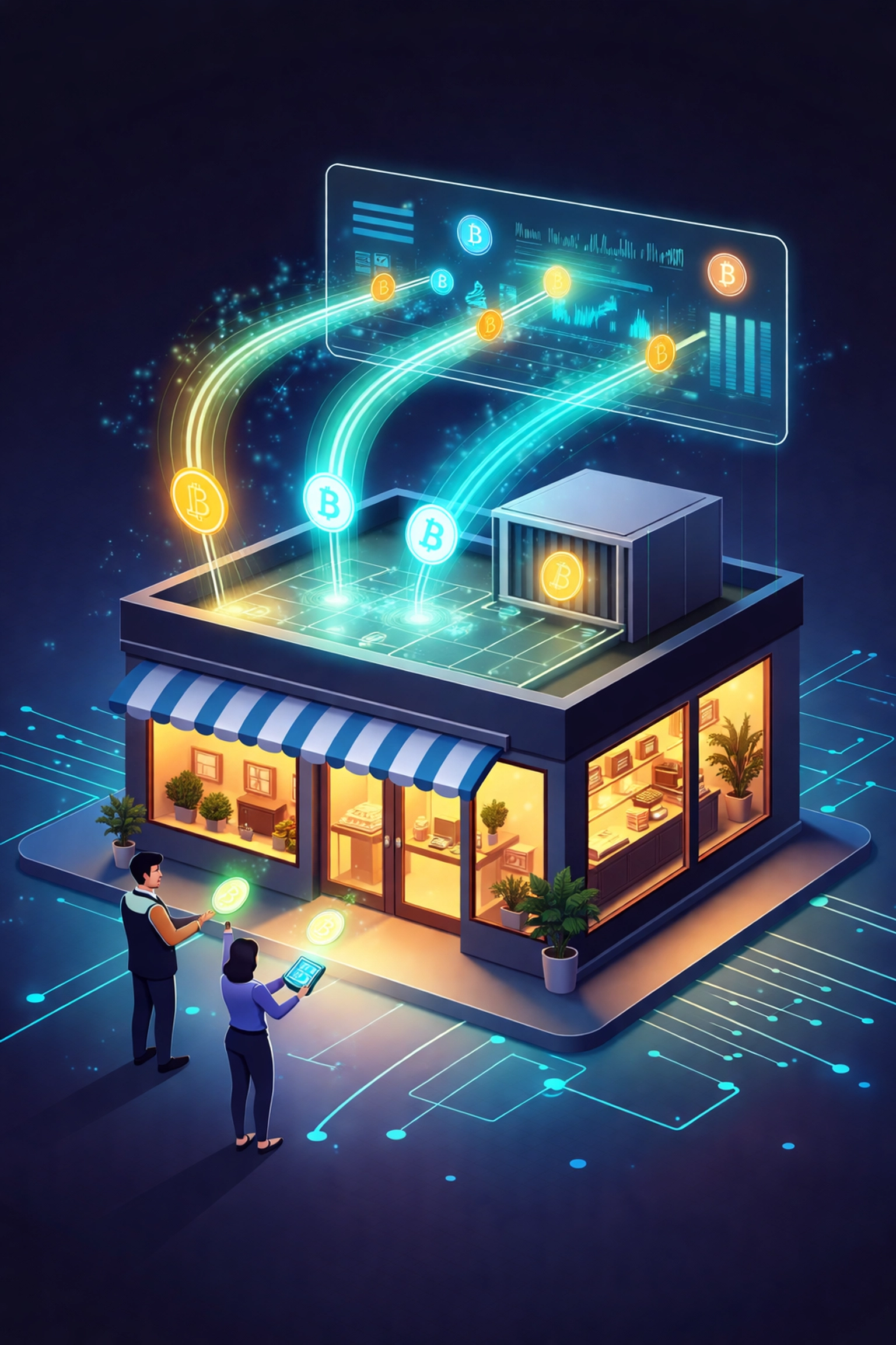 Small business storefront connected to a digital blockchain network, showing secure, transparent Web3 crypto POS solution