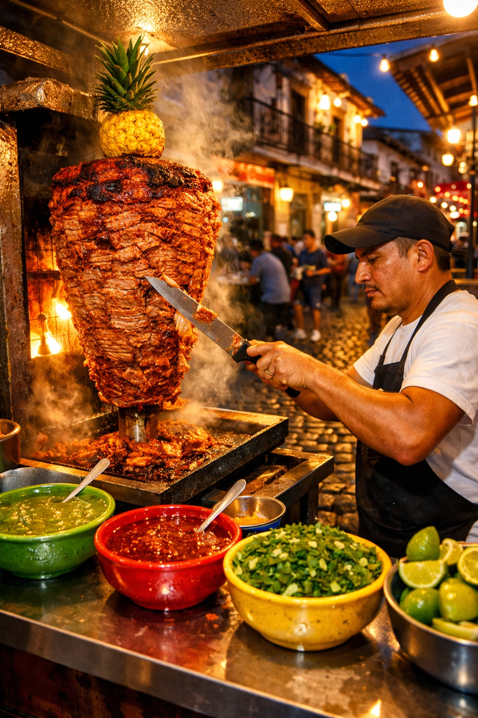 Authentic street taco stand in Puerto Vallarta's Old Town serving al pastor tacos near local vacation rentals.