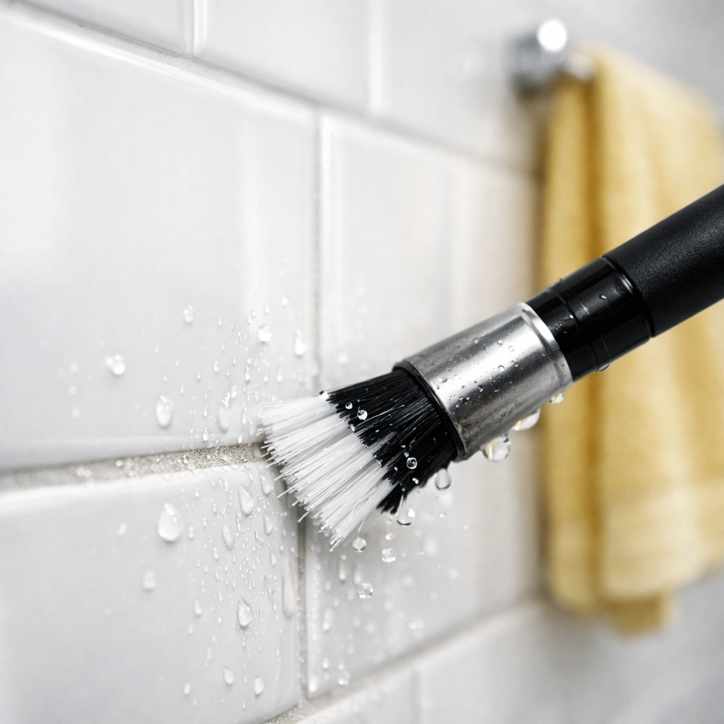 Scrubbing bathroom tile grout with a detail brush during a professional bi weekly house cleaning.