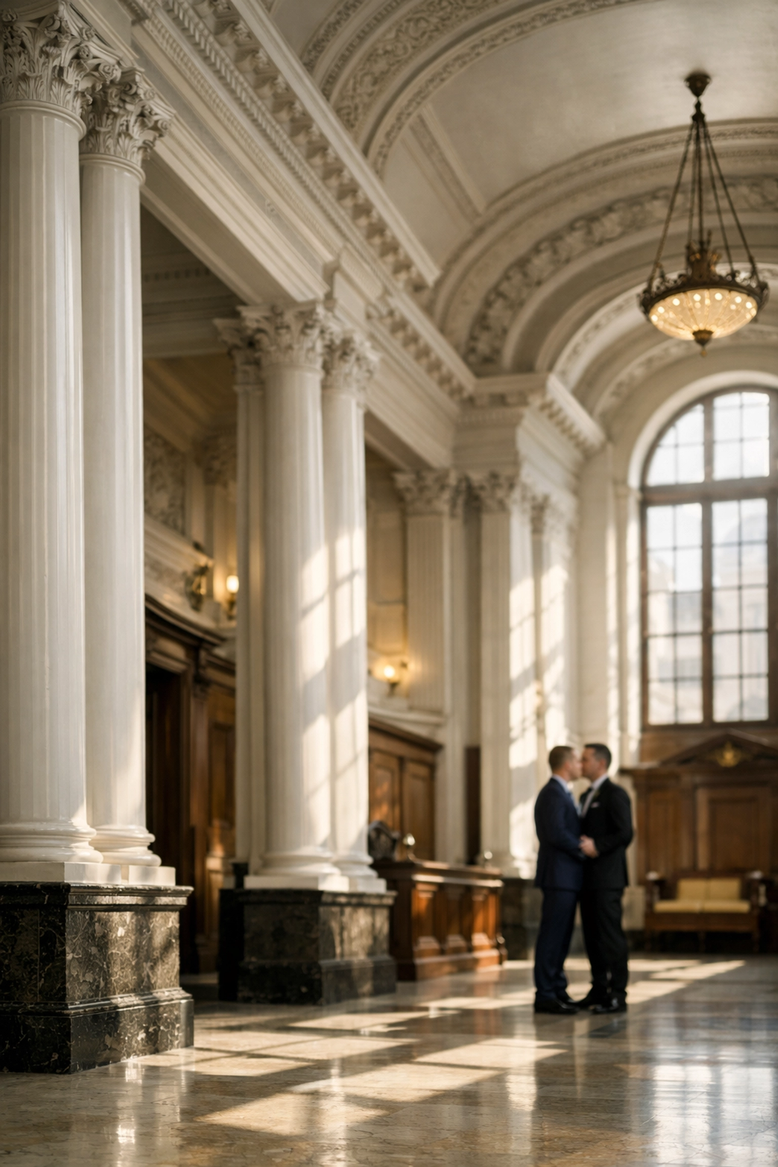 Old Marylebone Town Hall interior with elegant columns perfect for gay wedding ceremonies