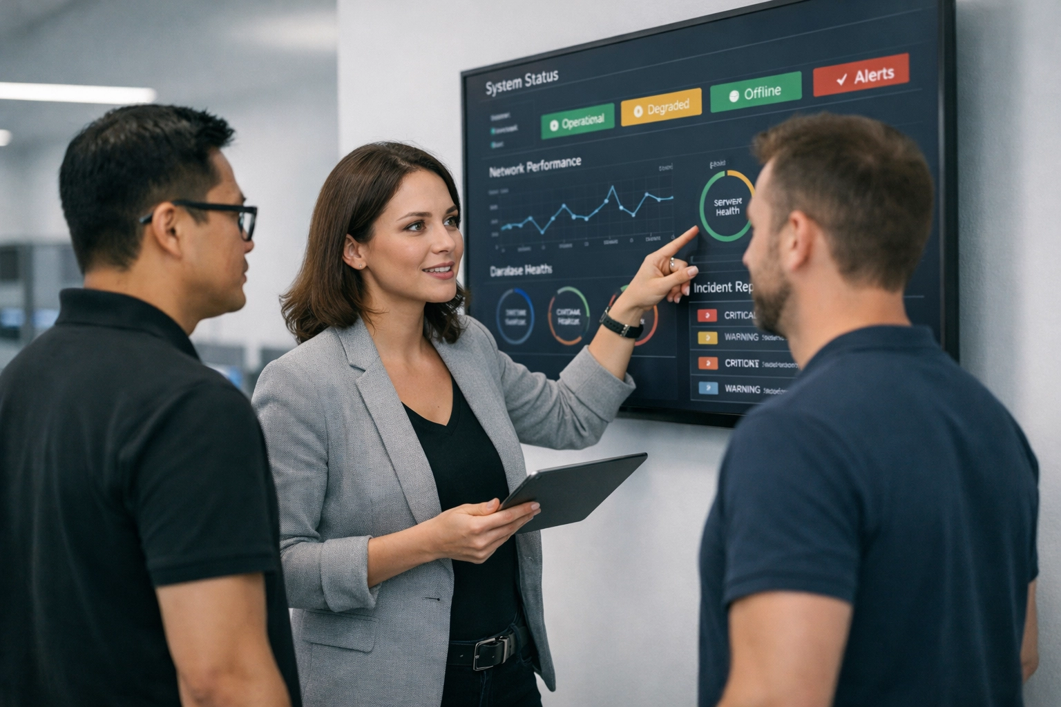 IT specialists monitoring real-time ServiceNow ITOM Health data to ensure accurate Agentic AI performance.