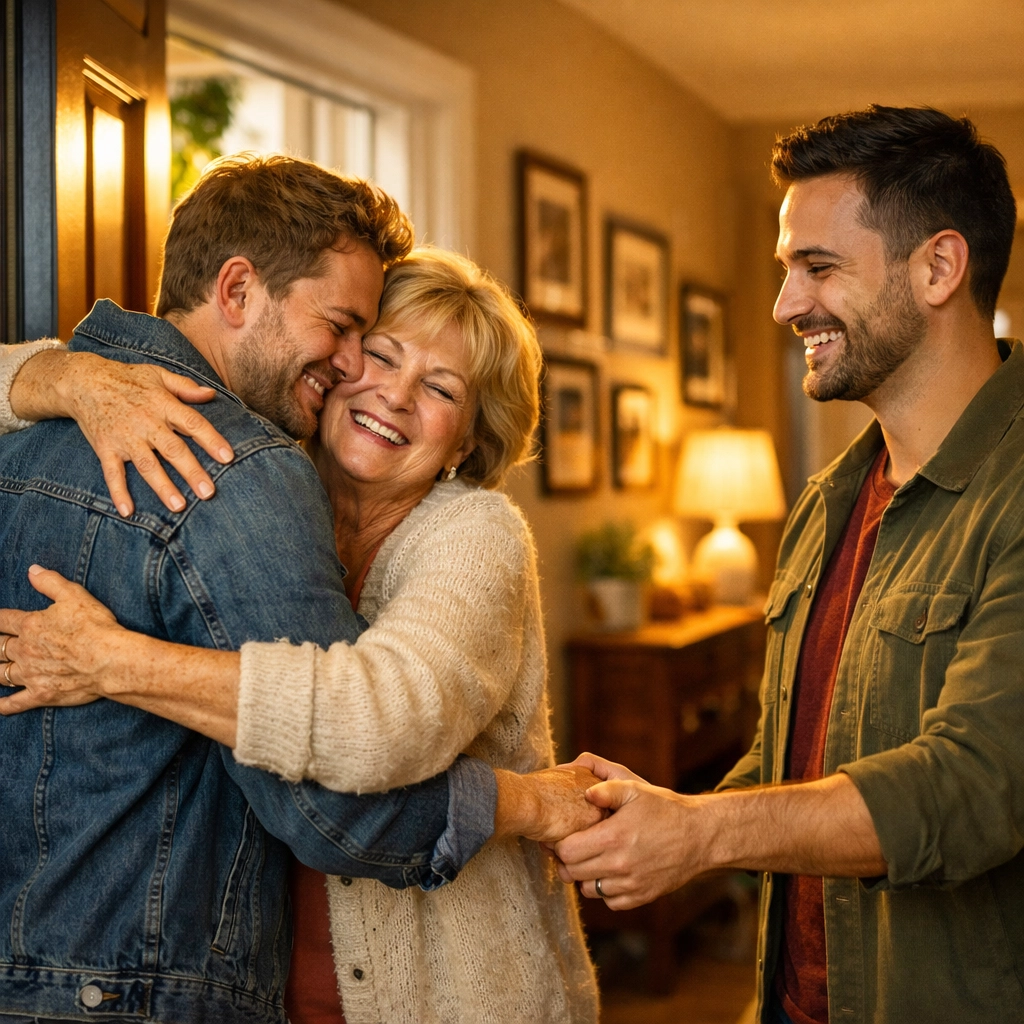 A mother warmly welcomes her gay son and his partner home, a scene of acceptance often found in MM romance books.