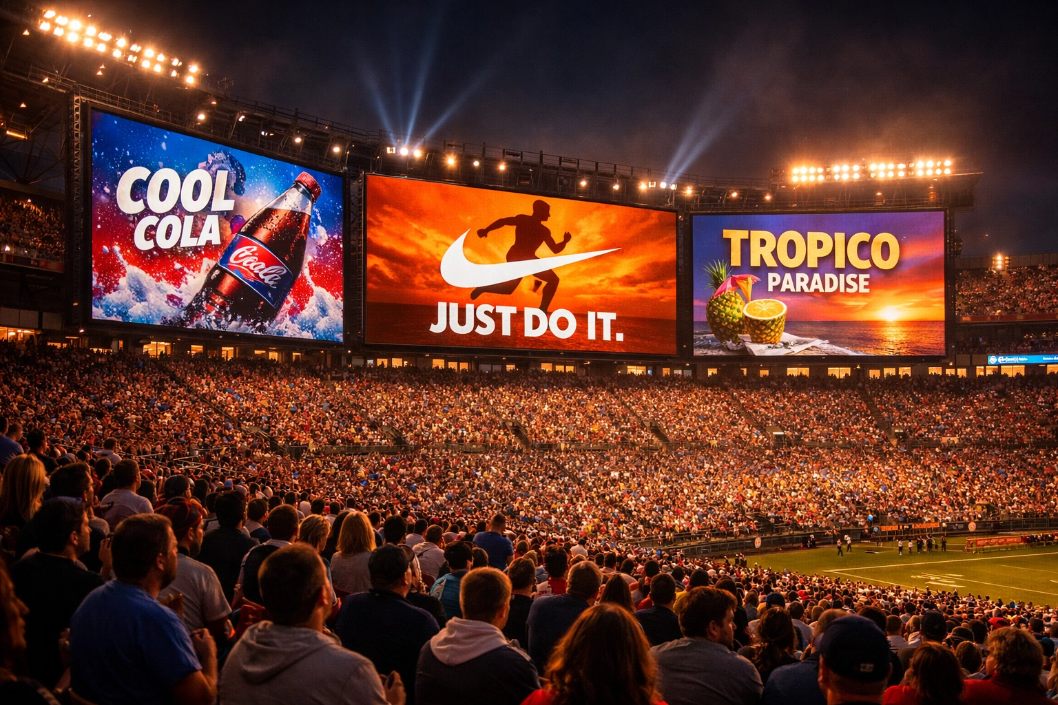 Stadium jumbotron advertising to engaged crowd during sports event