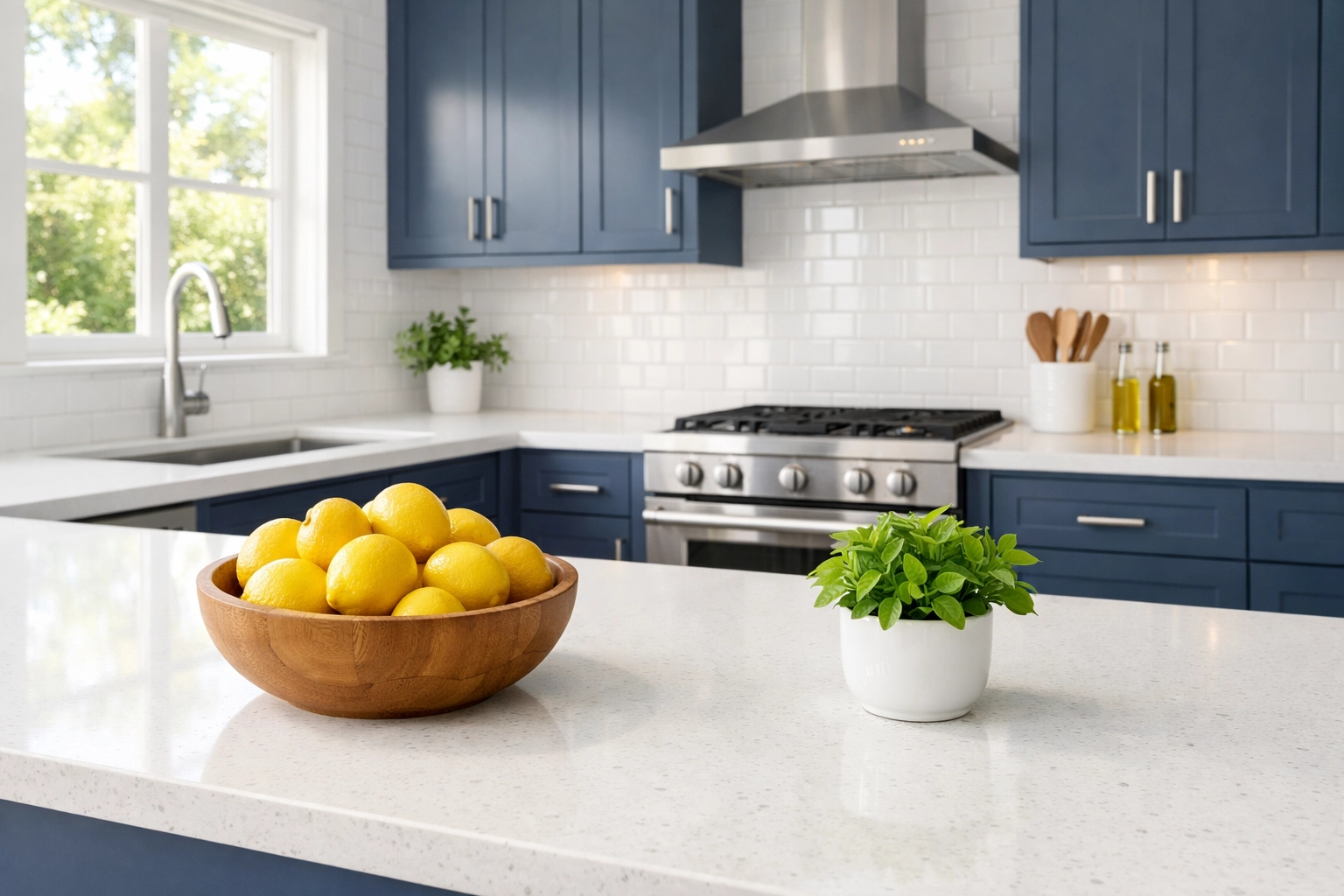 Eco-friendly apartment cleaning in a modern Boston kitchen with white quartz countertops and navy cabinets.
