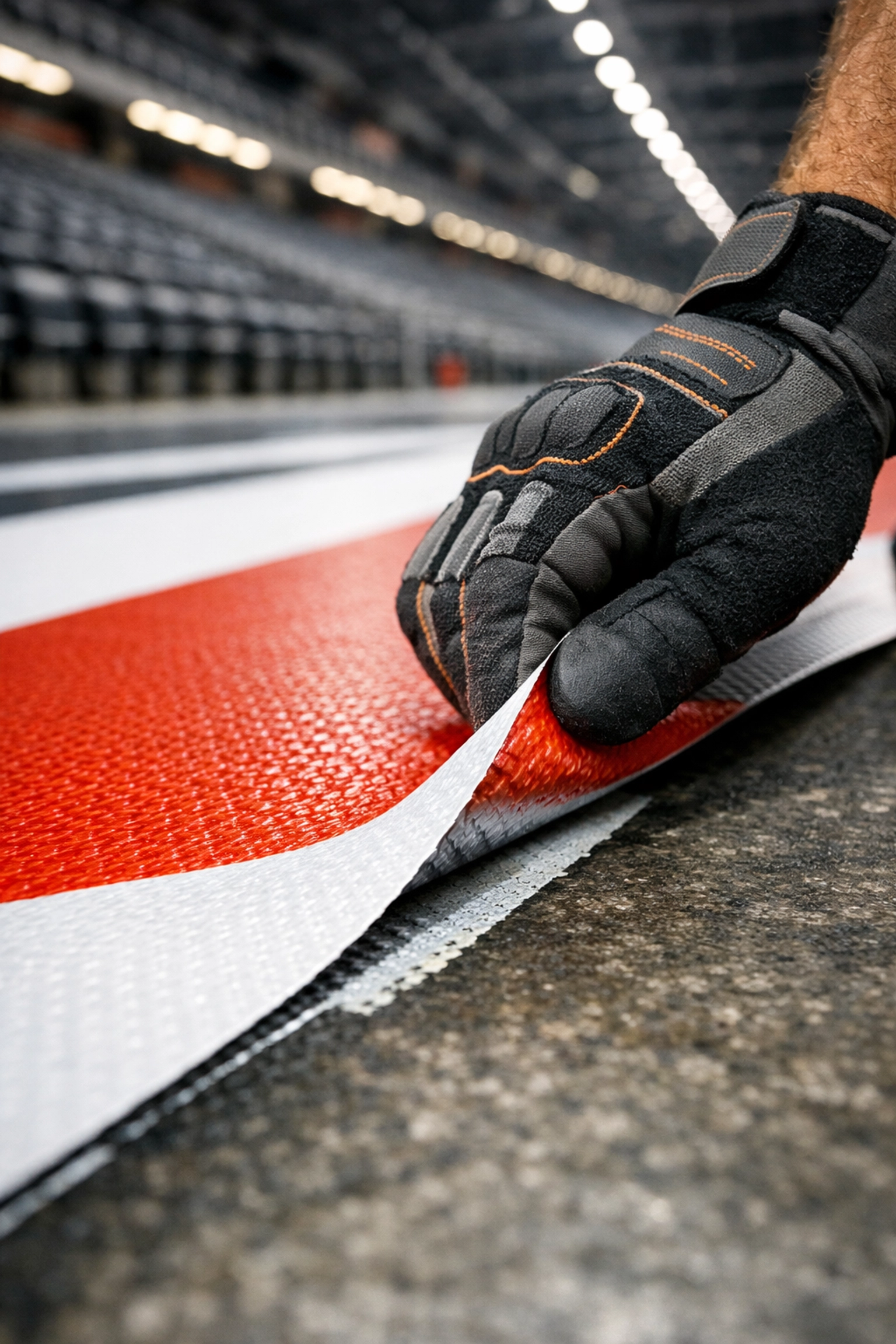 Professional installation of high-quality floor graphics for a stadium advertising campaign.