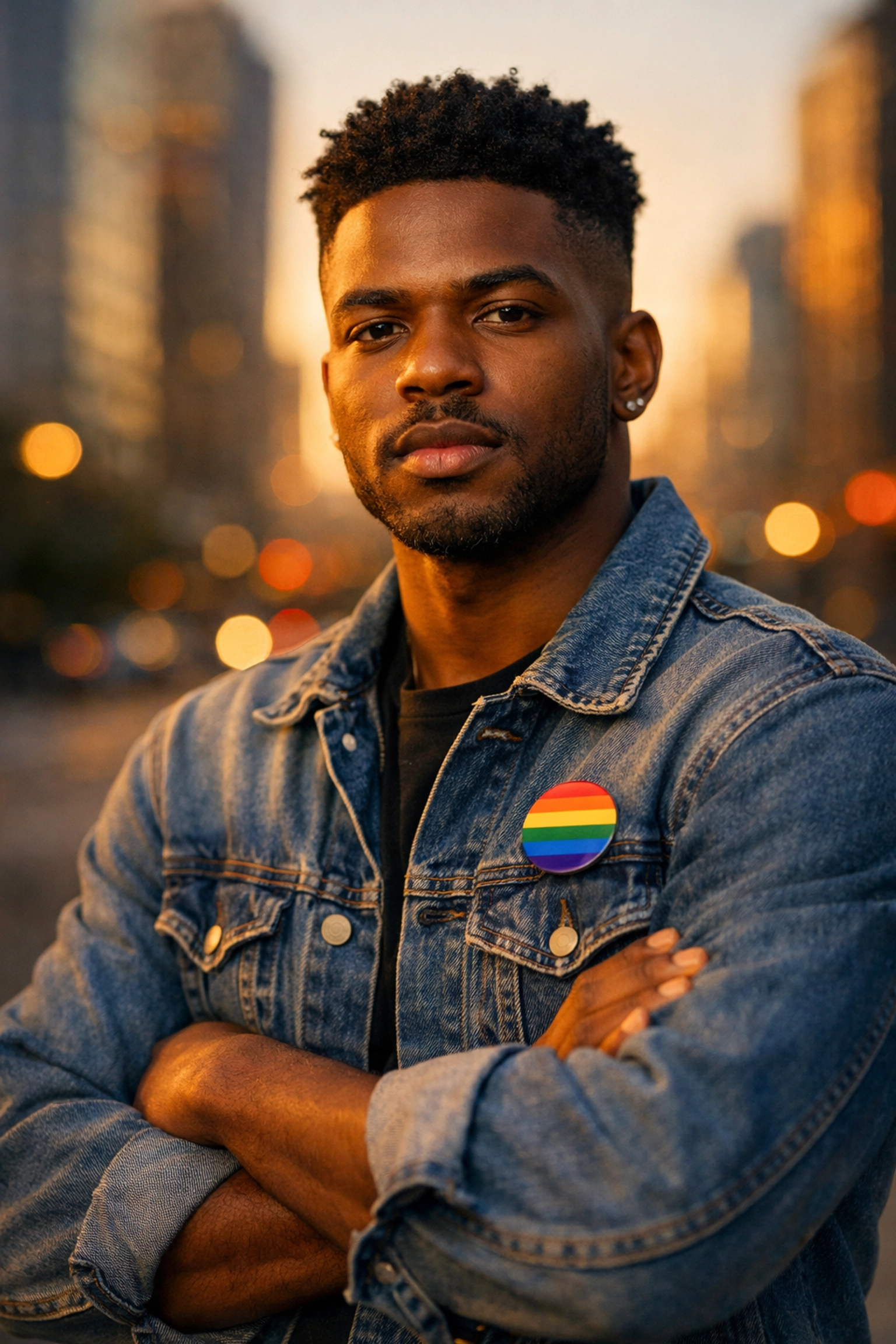 Confident young Black gay man wearing pride pin standing in city at golden hour
