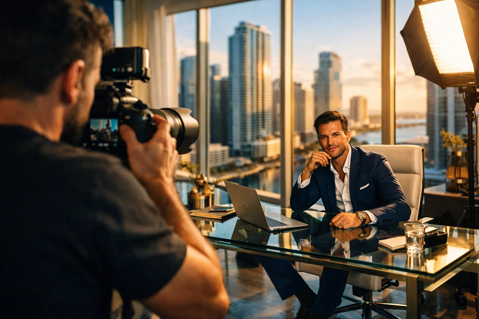 A professional photographer capturing high-end brand photography for an entrepreneur in a Miami loft.