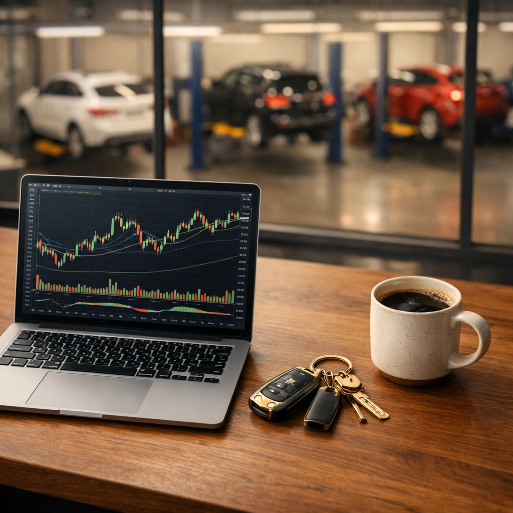 Shop office desk with laptop displaying multi-shop financials and QuickBooks Online reports.