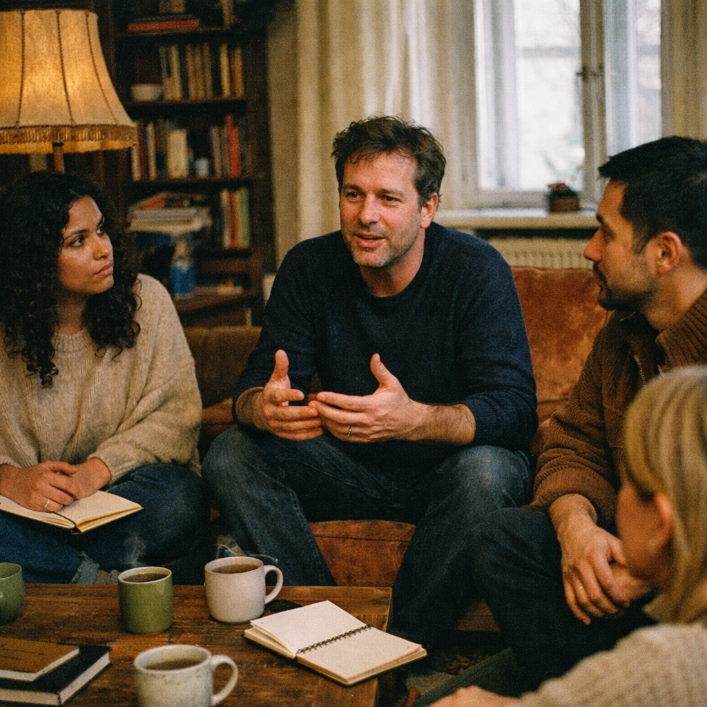 Diverse group discussing emotional sobriety over tea in a classic Berlin apartment.