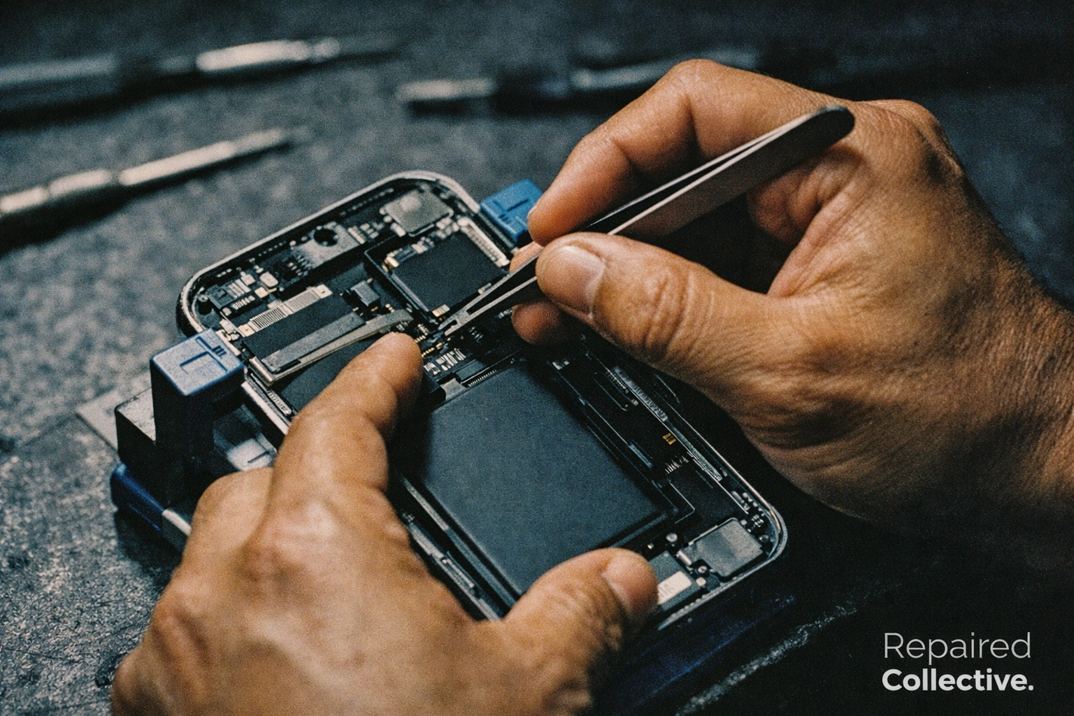 Technician performing precision iPhone screen repair using official diagnostic tools and parts