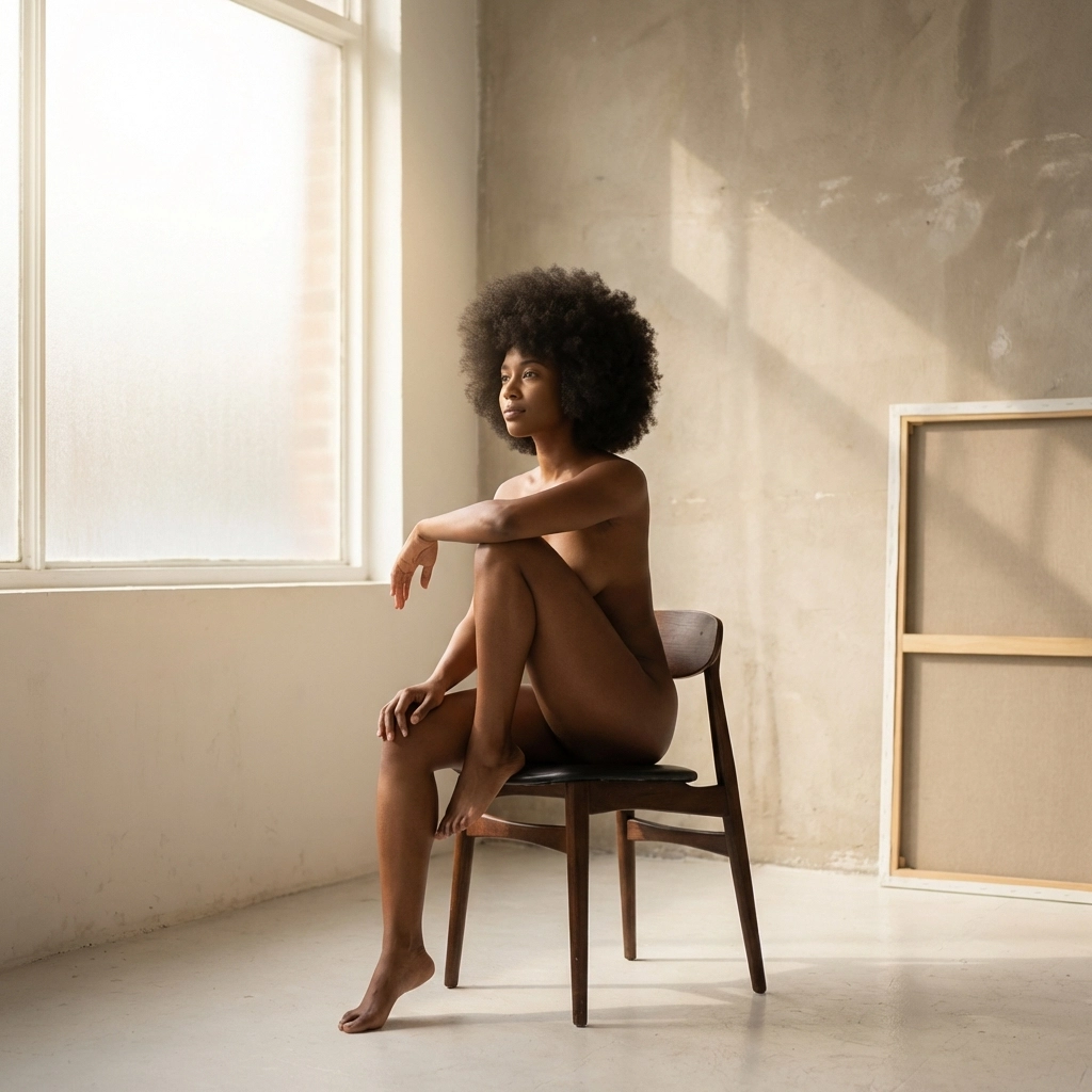 Fine art nude photography of a woman in a sunlit studio, showing professional lighting for nude photography.