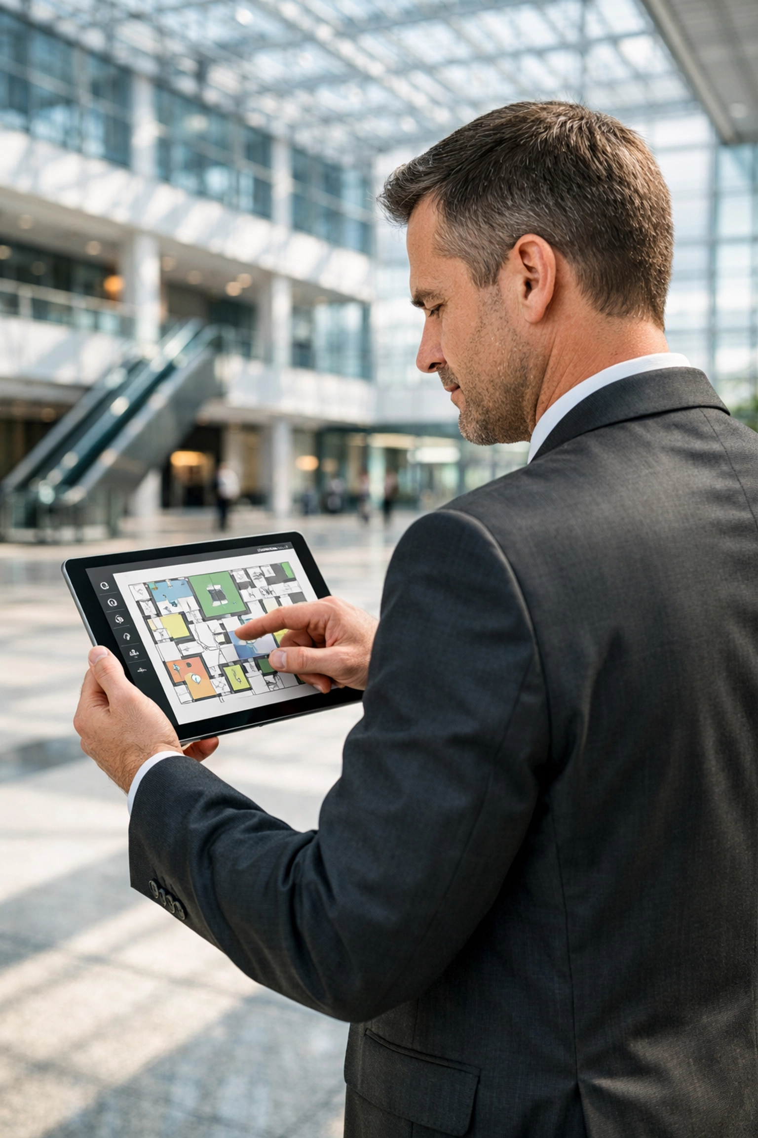 Facilities manager reviewing floor plans on a tablet for Martyn’s Law venue capacity compliance.