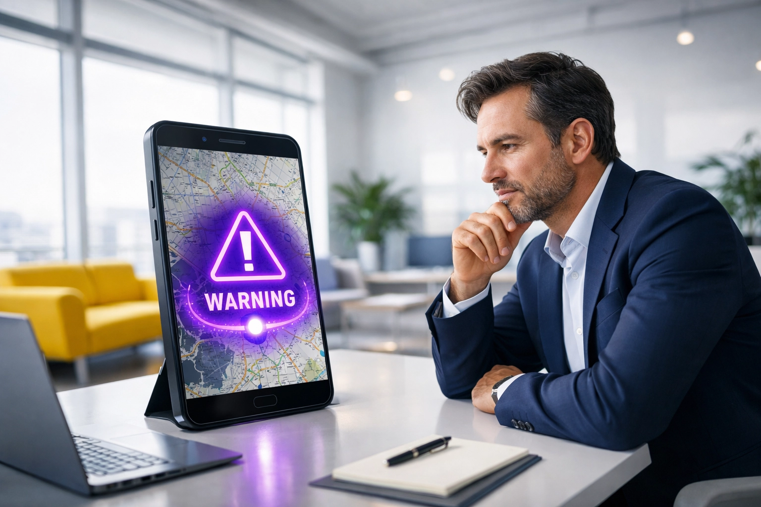 A business professional reviewing a Google Maps warning icon on a smartphone to avoid profile suspension.