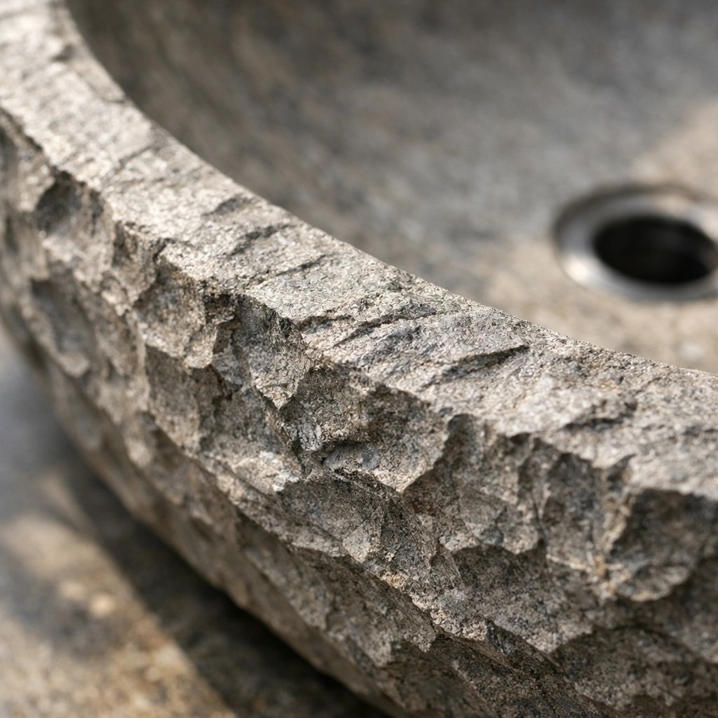Close-up of ALFI chiseled concrete vessel sink showing natural textured surface