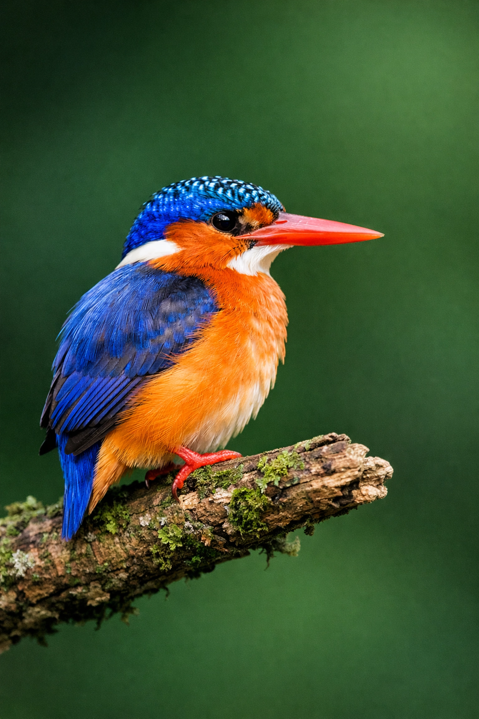 Vibrant Malachite Kingfisher on a branch for sponsored species social media posts.
