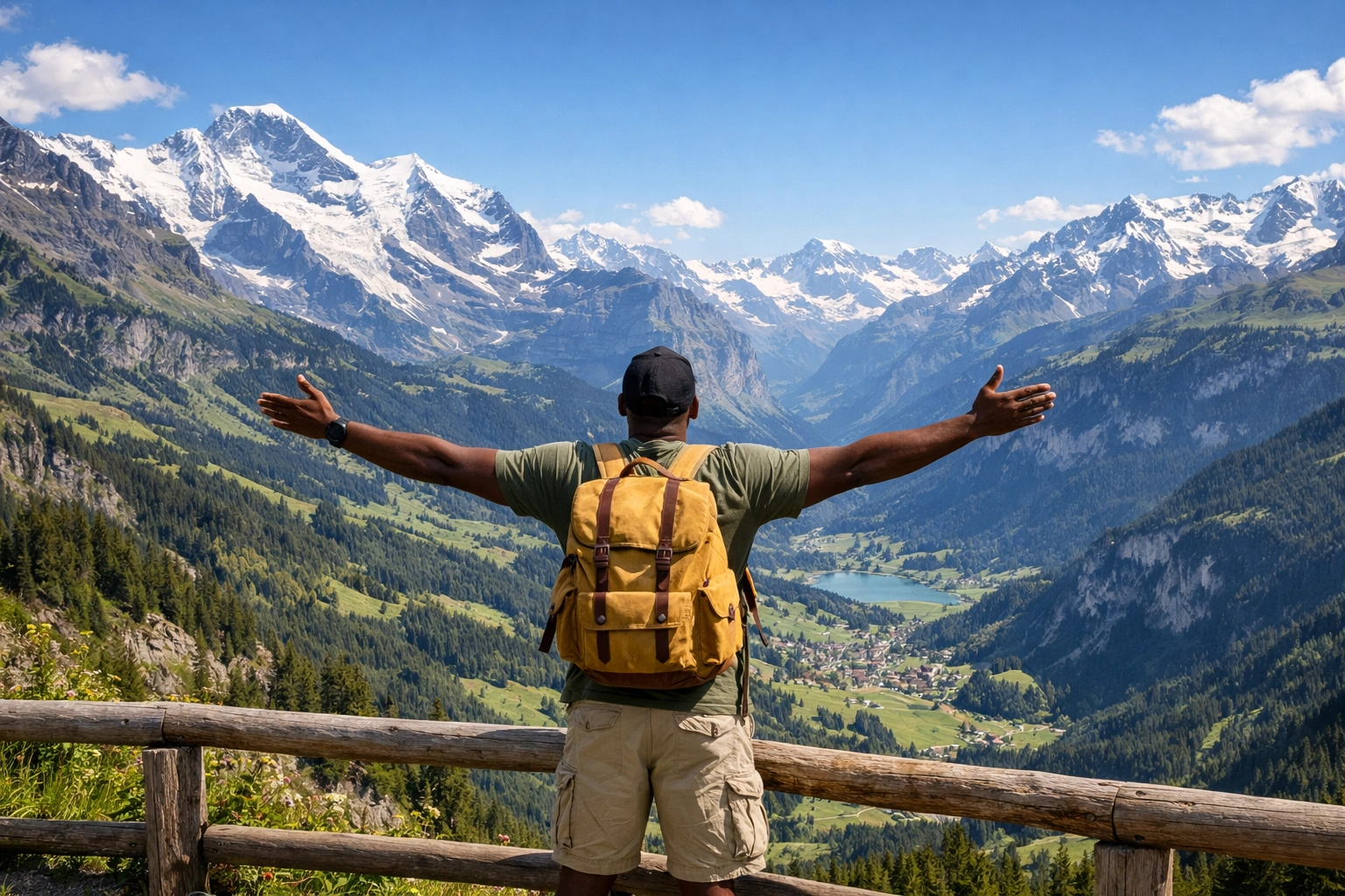 Traveler enjoying mountain views after booking through a travel planning service.