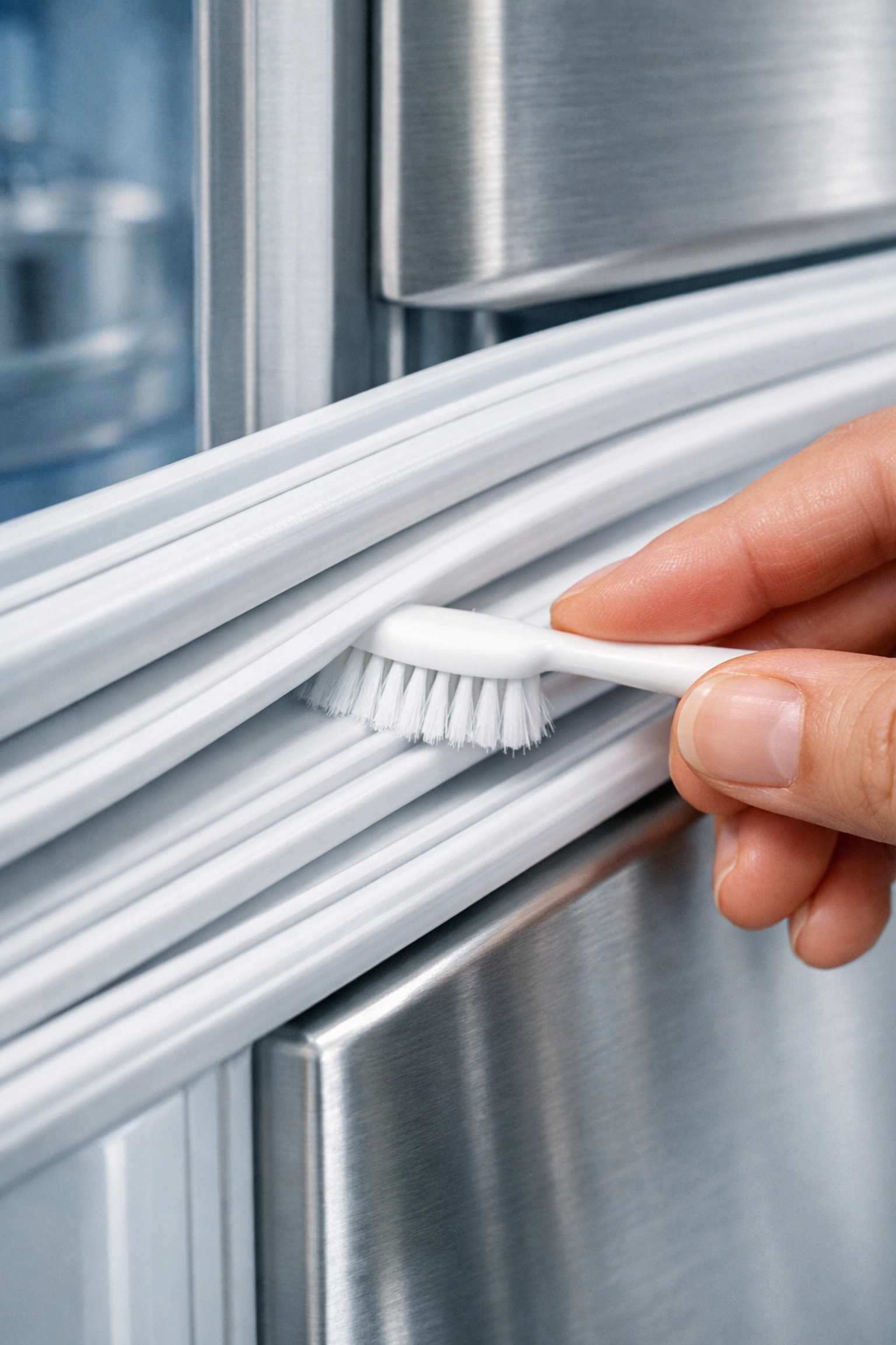 Using a soft toothbrush to scrub dirt and sticky residue from the folds of a white refrigerator door gasket.